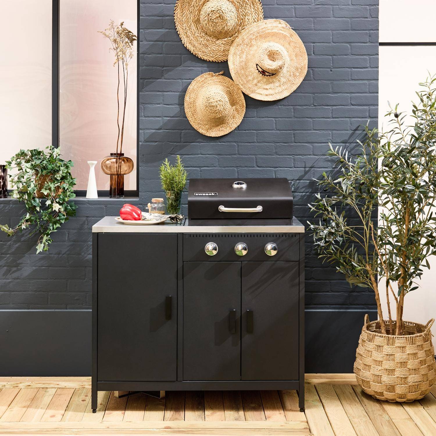 Barbacoa de gas con 3 quemadores, 3 puertas y termómetro Negro - 100x51x87.5 cm,sweeek,Photo1