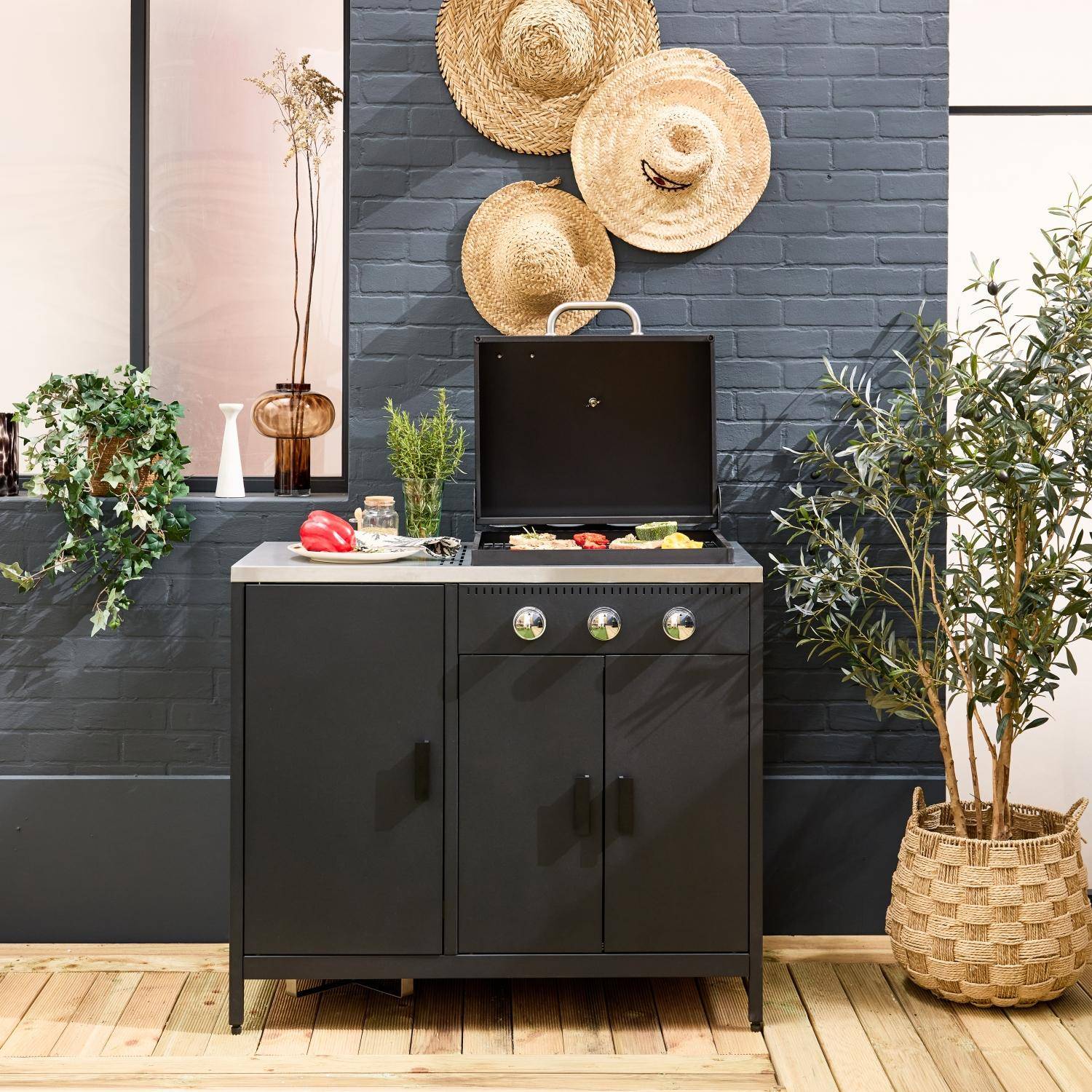 Barbacoa de gas con 3 quemadores, 3 puertas y termómetro Negro - 100x51x87.5 cm,sweeek,Photo2