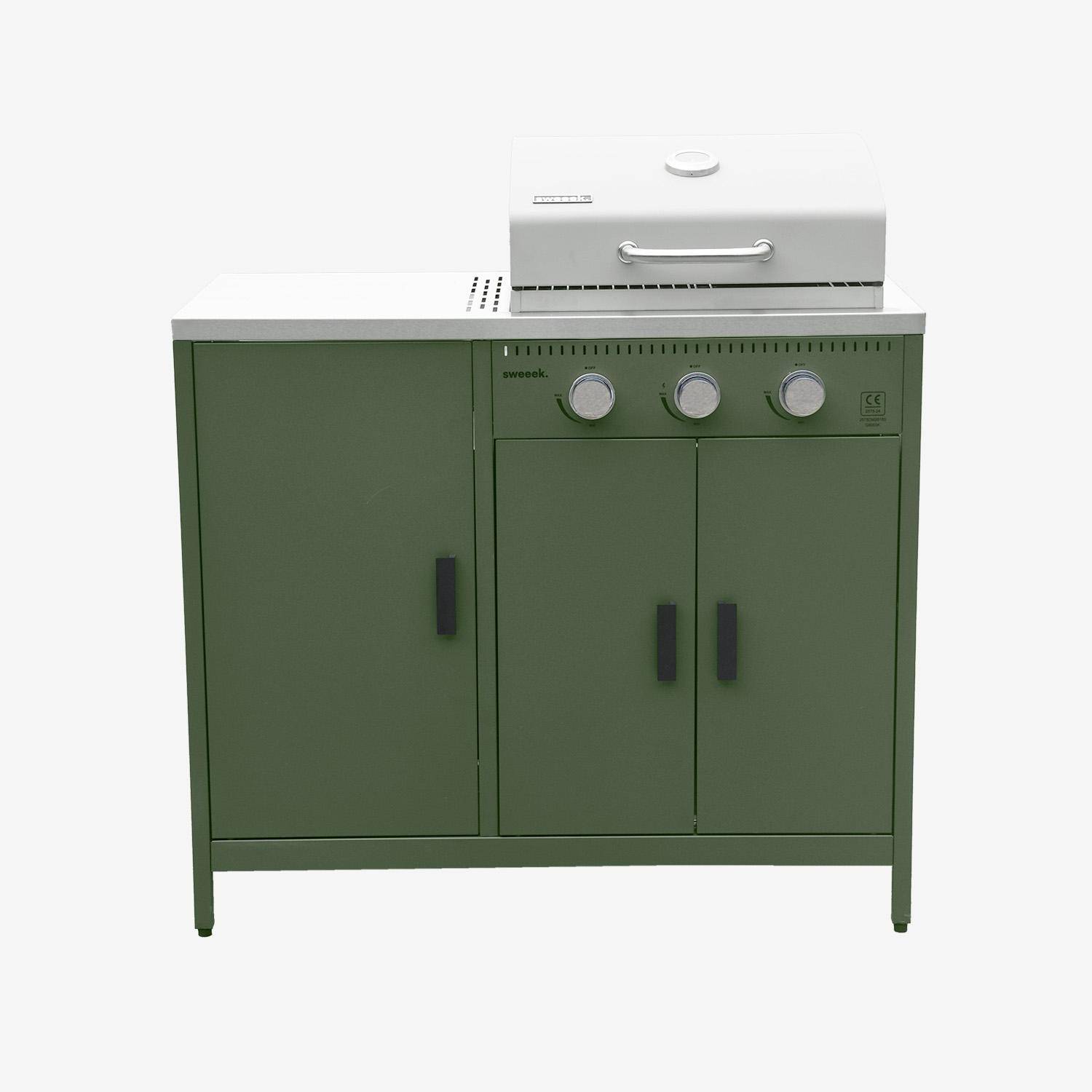 Churrasqueira a gás 3 queimadores 3 portas 2 espaços de armazenamento, Naxos, Verde, 100x51x87.5 cm Photo4