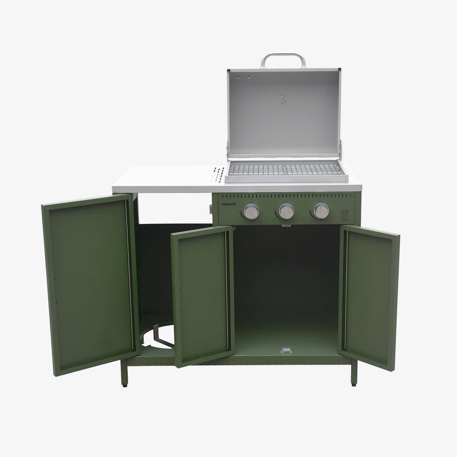Barbecue gaz 3 brûleurs, vert, 3 portes et 2 espaces de rangement Photo8