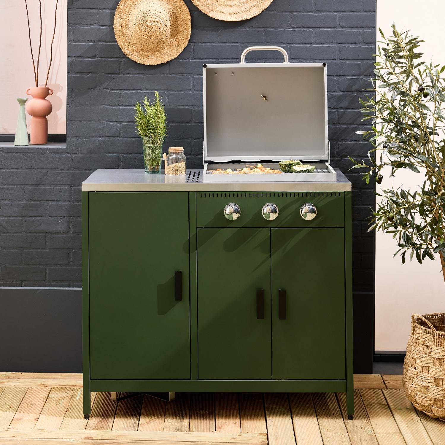 Churrasqueira a gás 3 queimadores 3 portas 2 espaços de armazenamento, Naxos, Verde, 100x51x87.5 cm,sweeek,Photo2