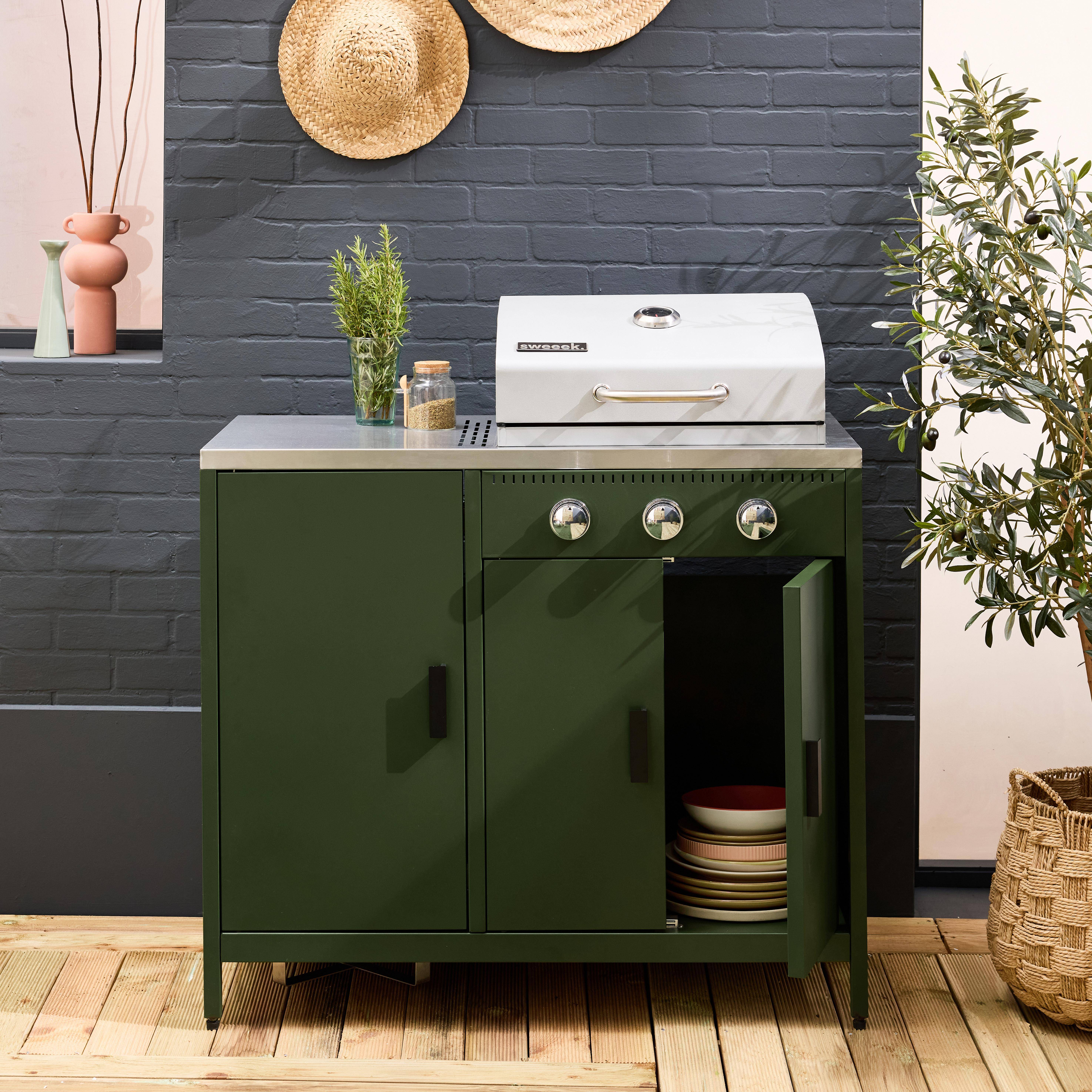 Barbecue gaz 3 brûleurs, vert, 3 portes et 2 espaces de rangement Photo1
