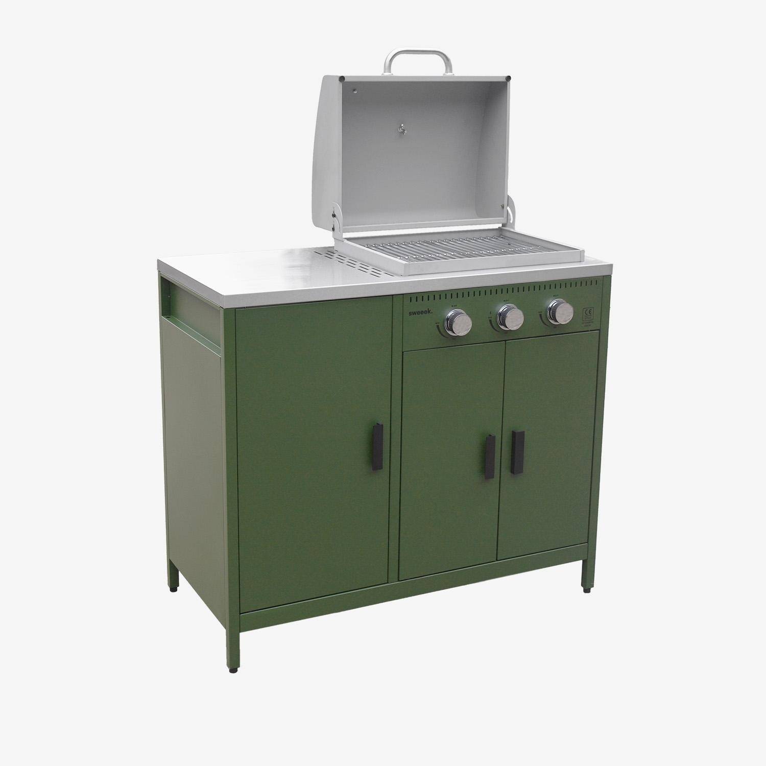Churrasqueira a gás 3 queimadores 3 portas 2 espaços de armazenamento, Naxos, Verde, 100x51x87.5 cm Photo5