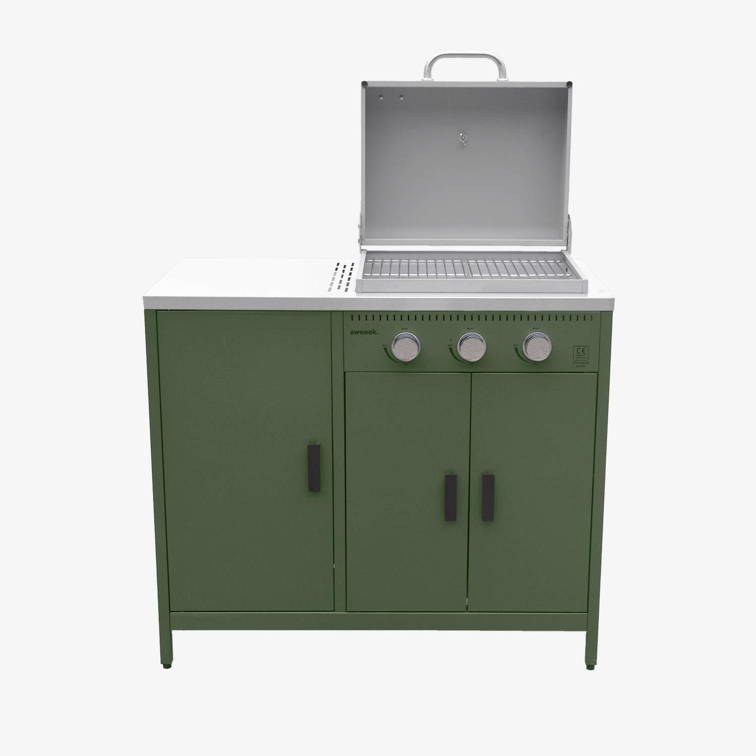 Barbecue gaz 3 brûleurs, vert, 3 portes et 2 espaces de rangement Photo7