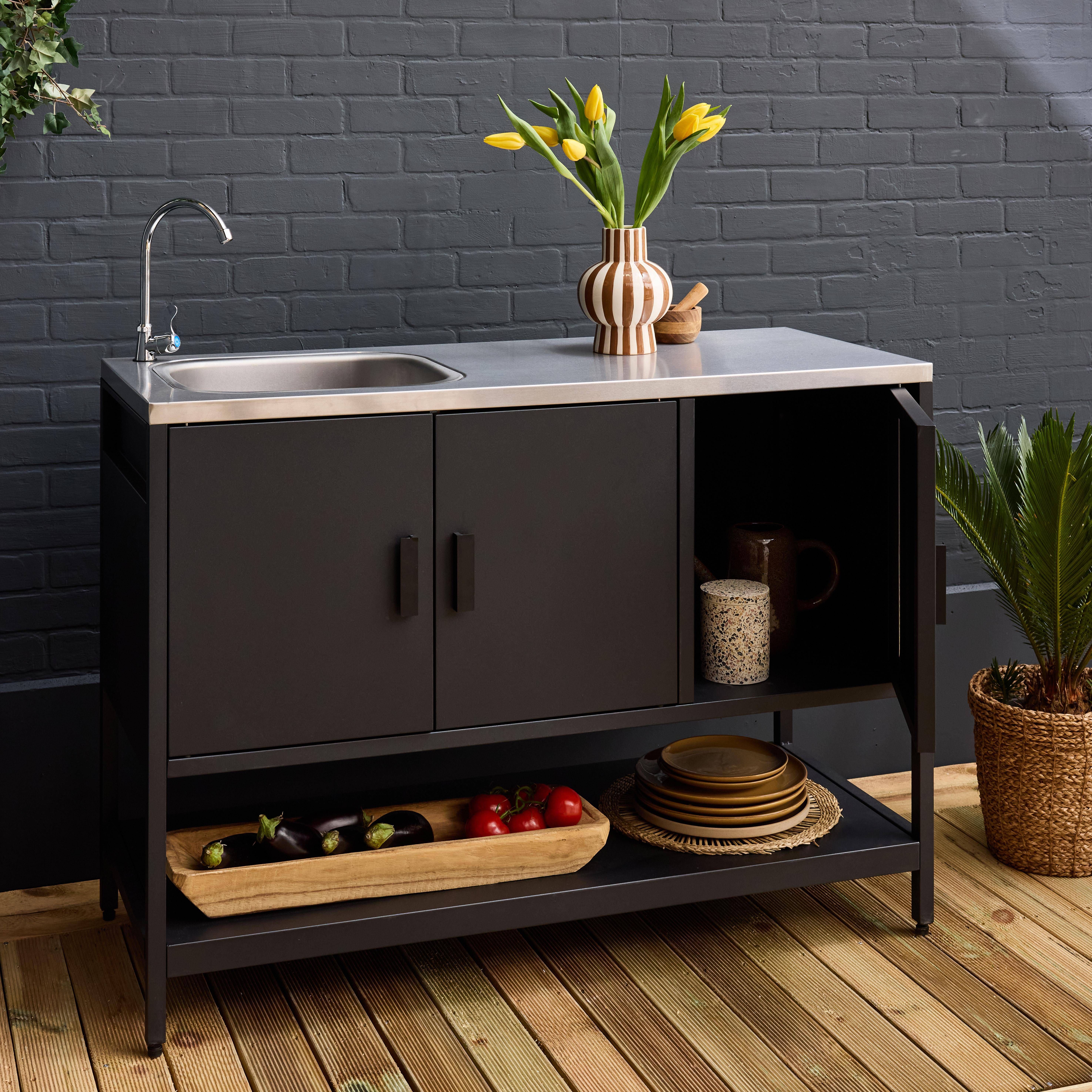 Cocina exterior de acero con lavabo, 120cm, Naxos, Negro, 120x51x112.5 cm Photo2