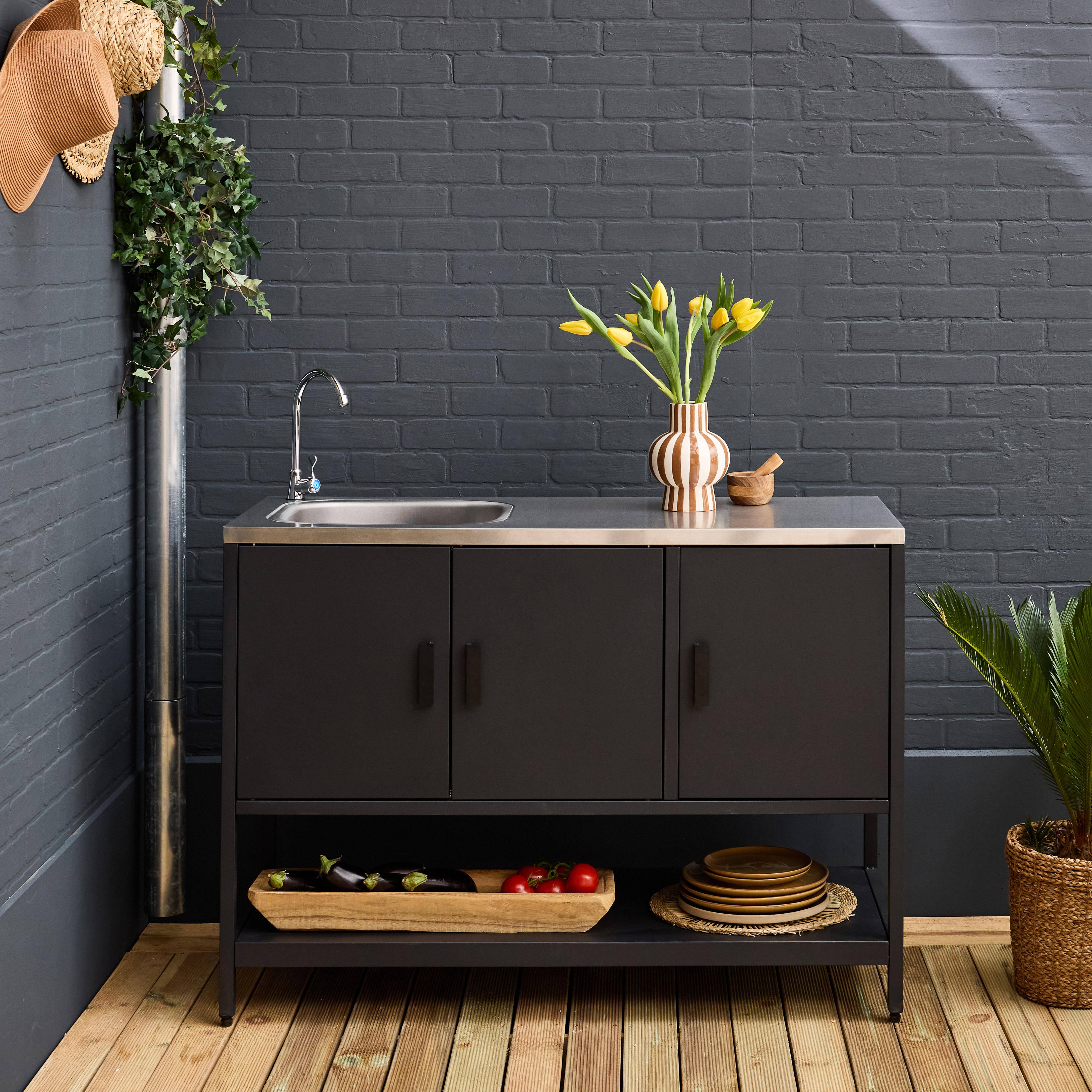 Cocina exterior de acero con lavabo, 120cm, Naxos, Negro, 120x51x112.5 cm Photo1