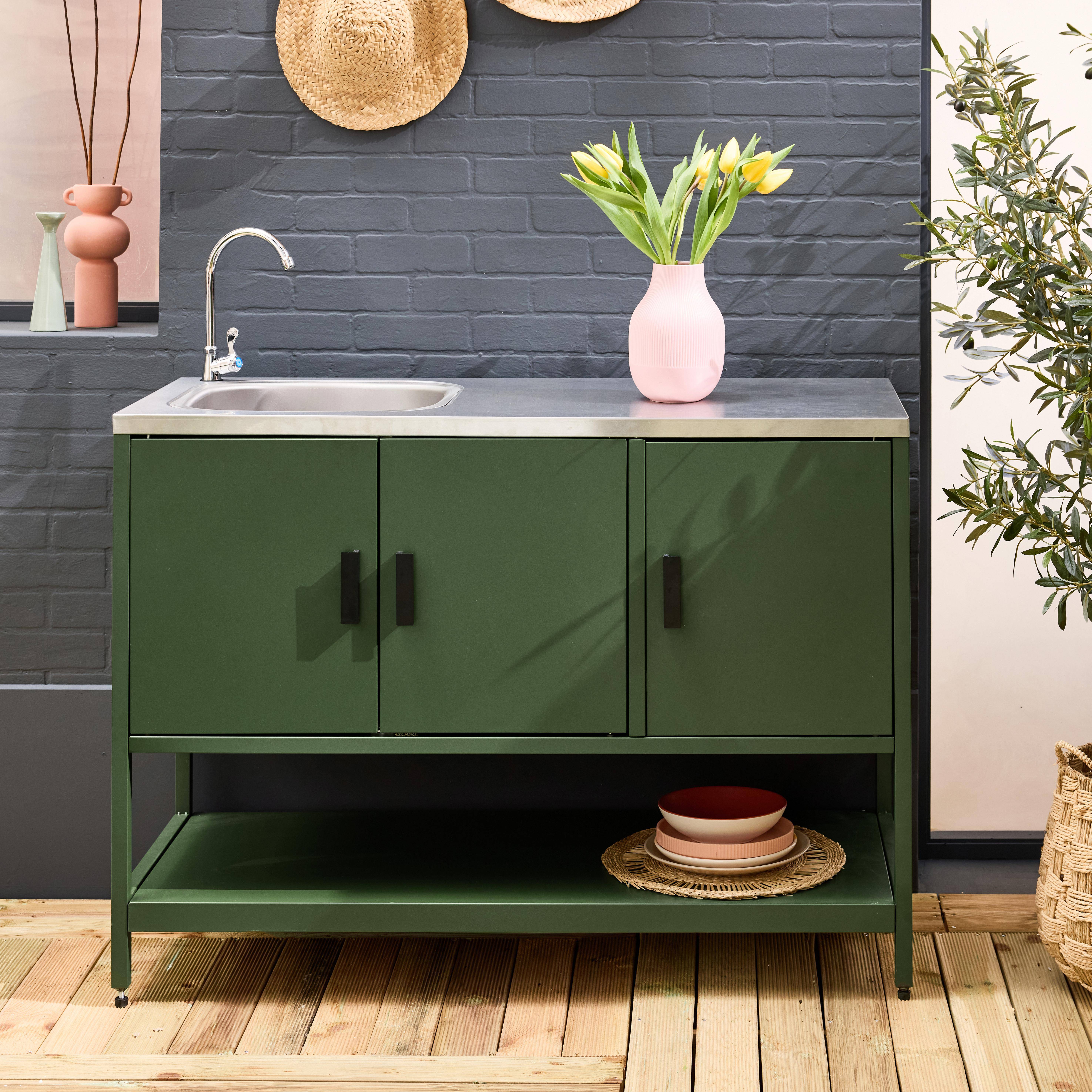 Green steel outdoor kitchen with sink L120cm,sweeek,Photo1