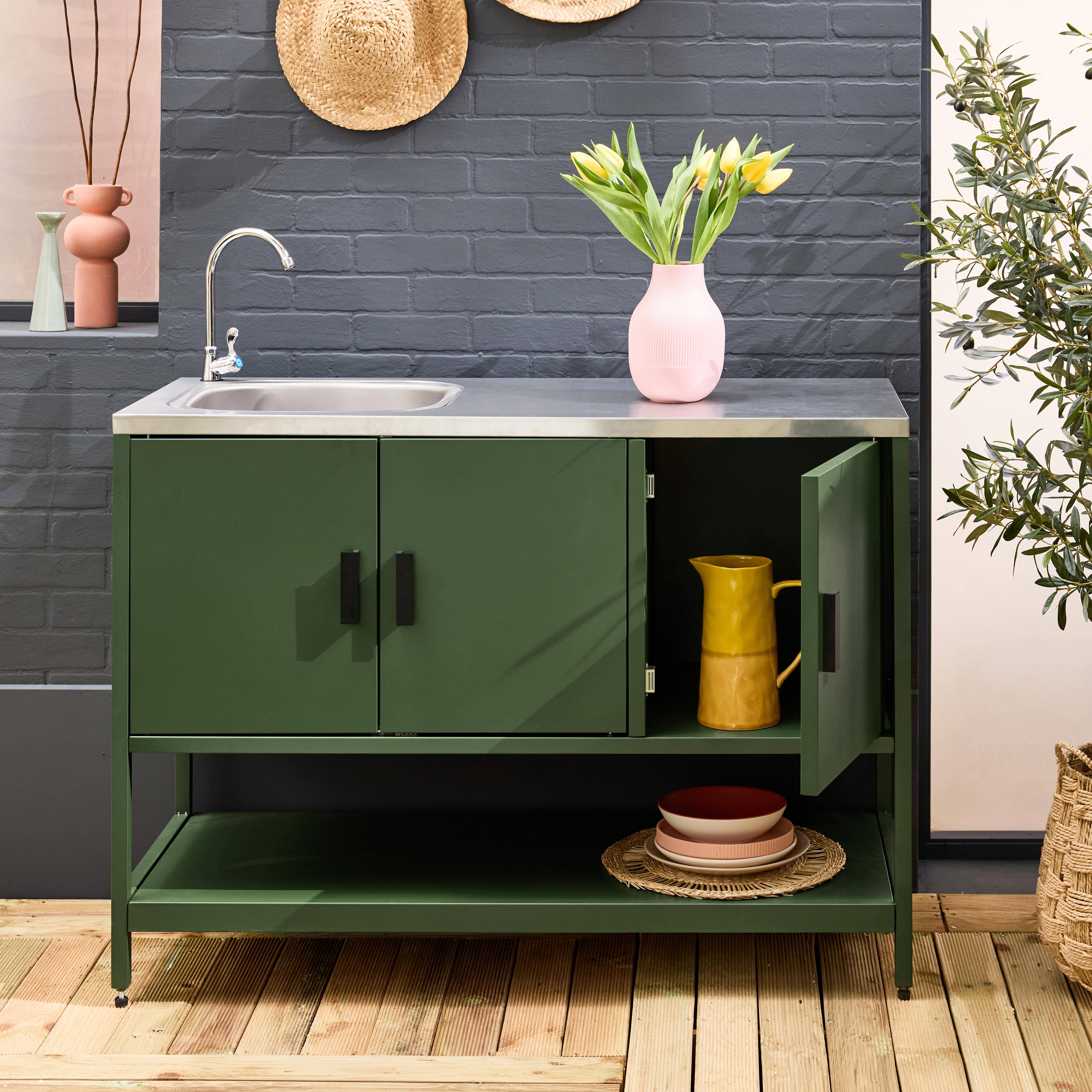 Green steel outdoor kitchen with sink L120cm Photo2