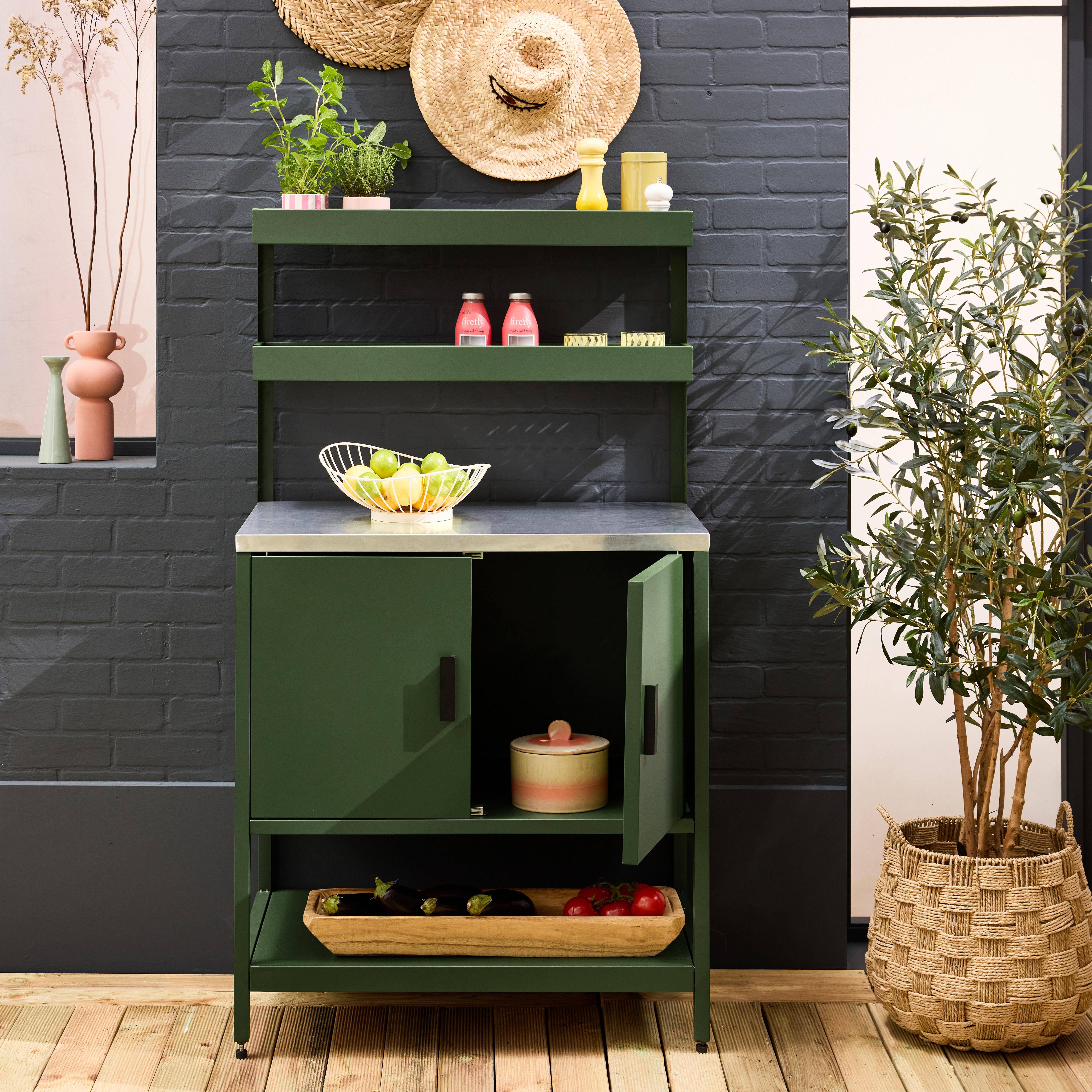 Green steel outdoor kitchen with 2 hanging shelves and 2 doors L80cm Photo2