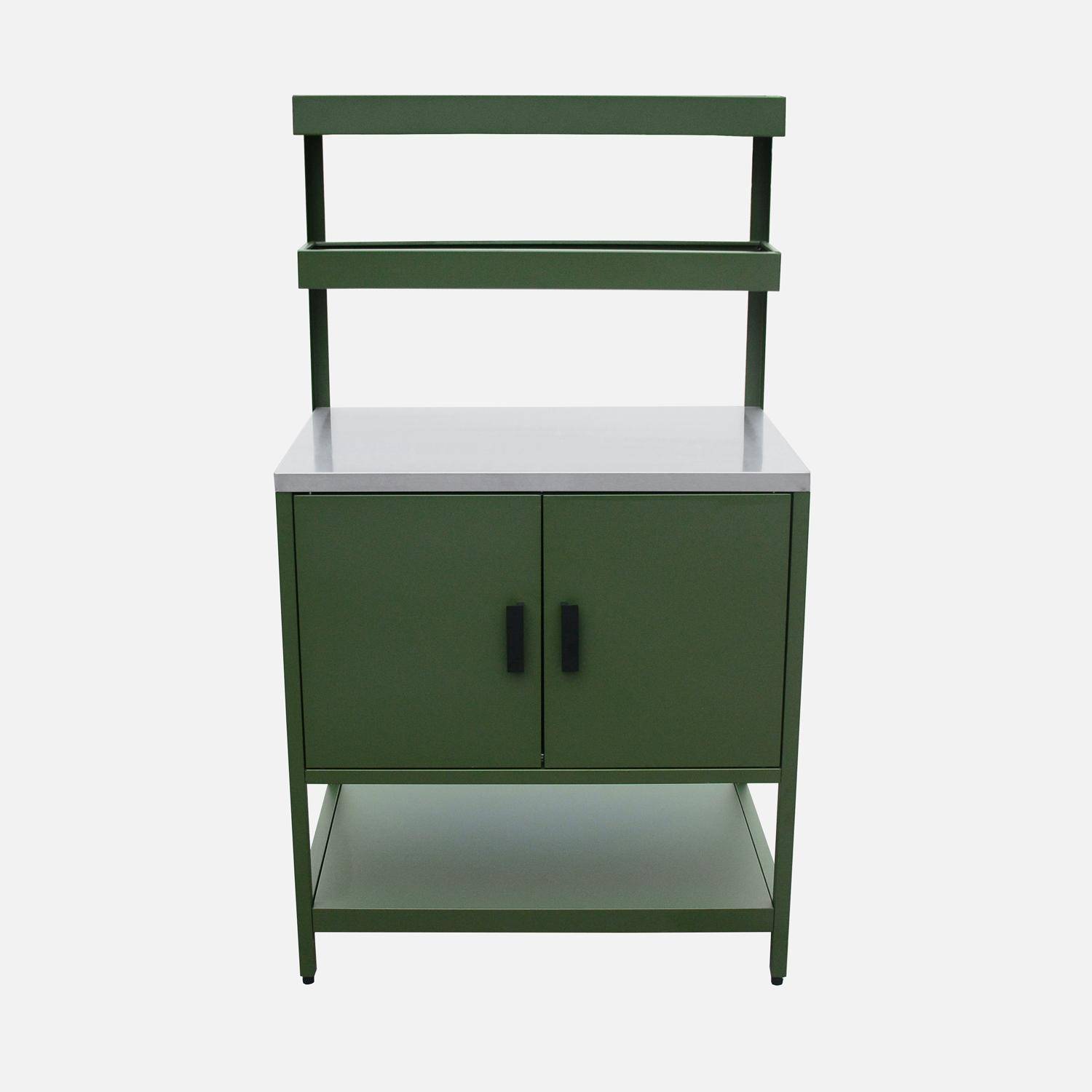 Green steel outdoor kitchen with 2 hanging shelves and 2 doors L80cm Photo5