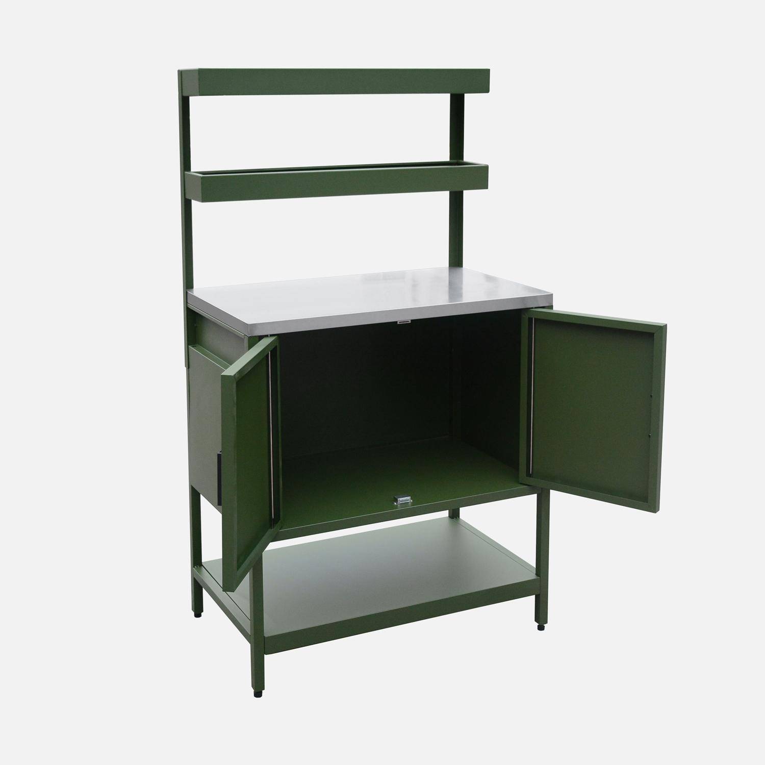 Green steel outdoor kitchen with 2 hanging shelves and 2 doors L80cm Photo6