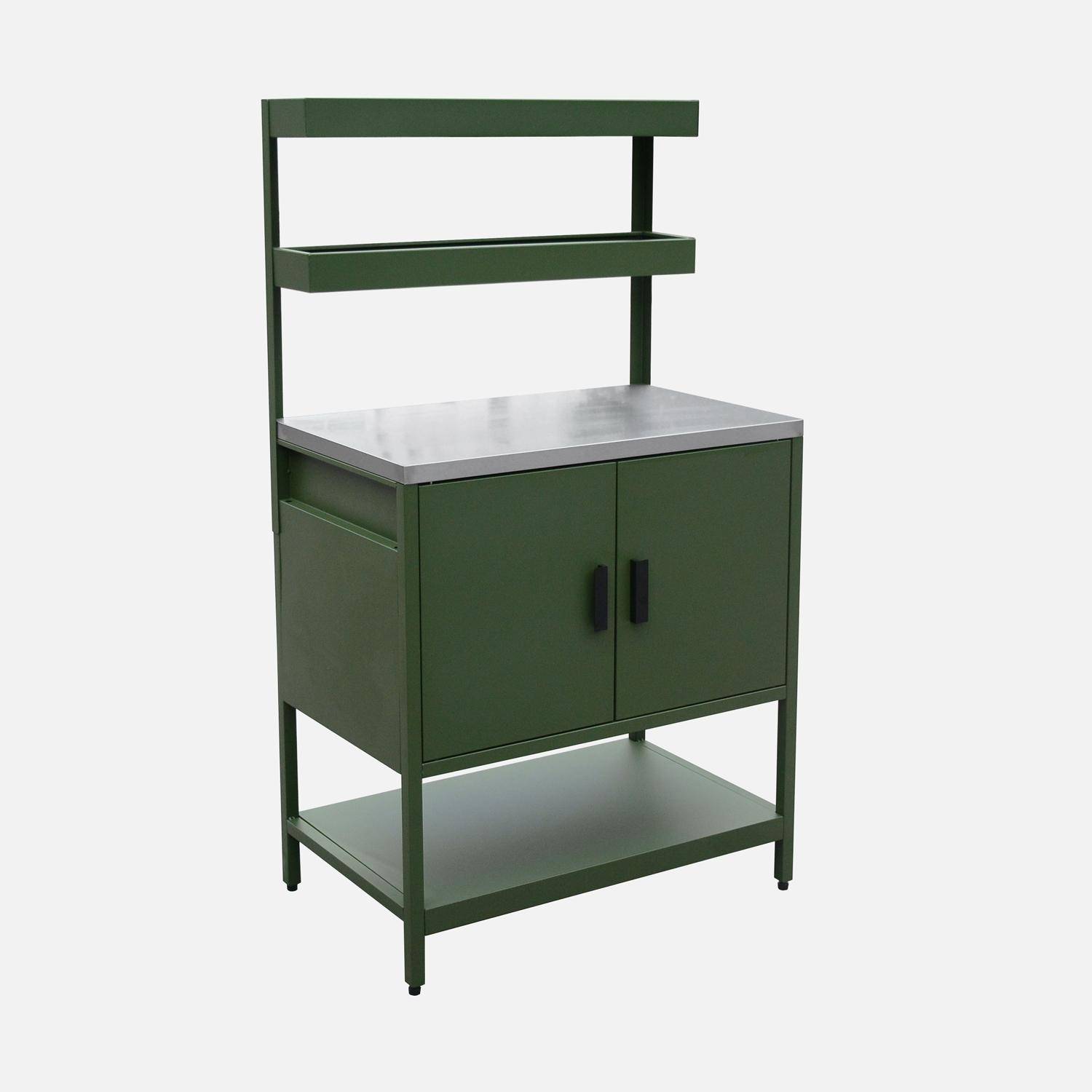 Green steel outdoor kitchen with 2 hanging shelves and 2 doors L80cm Photo4