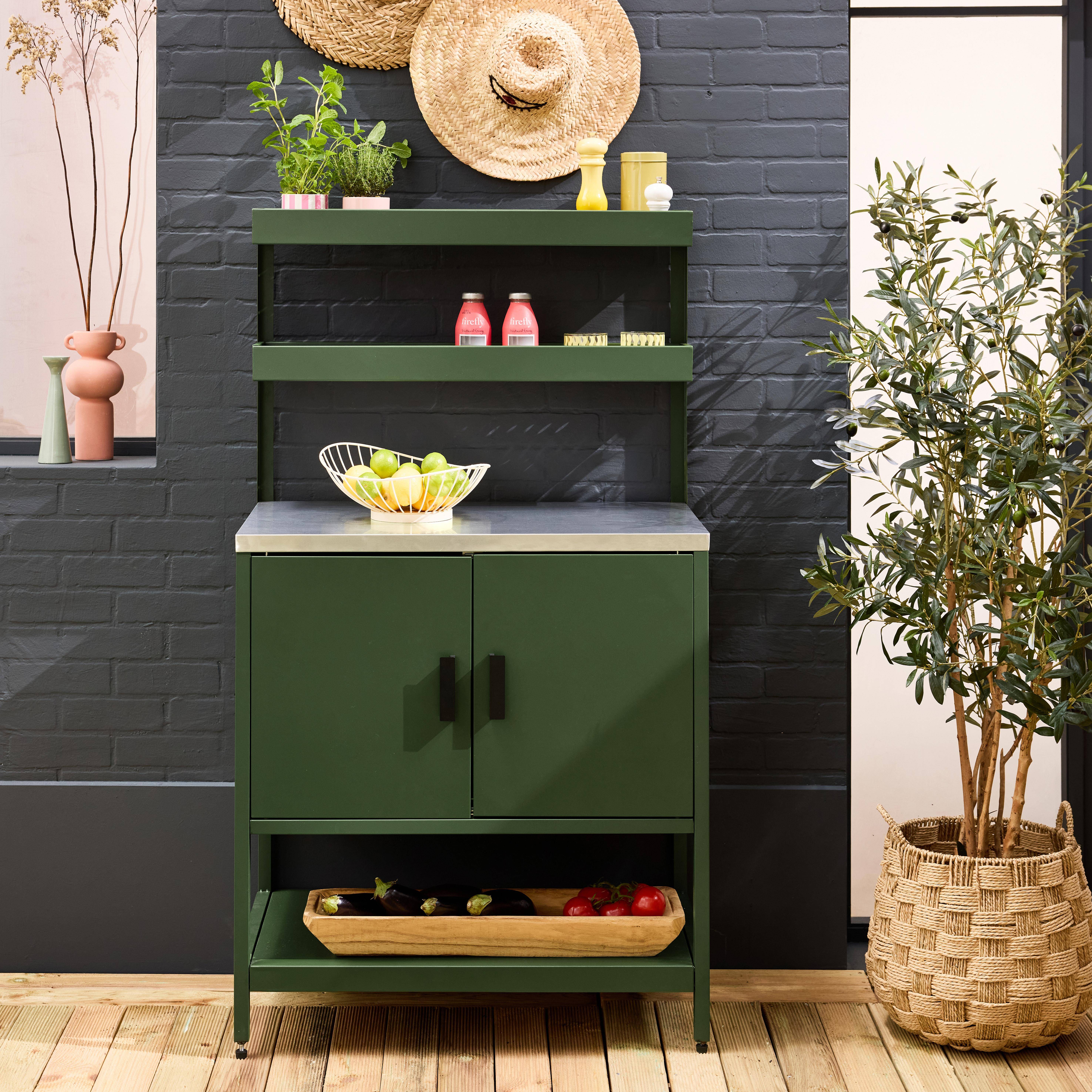 Green steel outdoor kitchen with 2 hanging shelves and 2 doors L80cm,sweeek,Photo1
