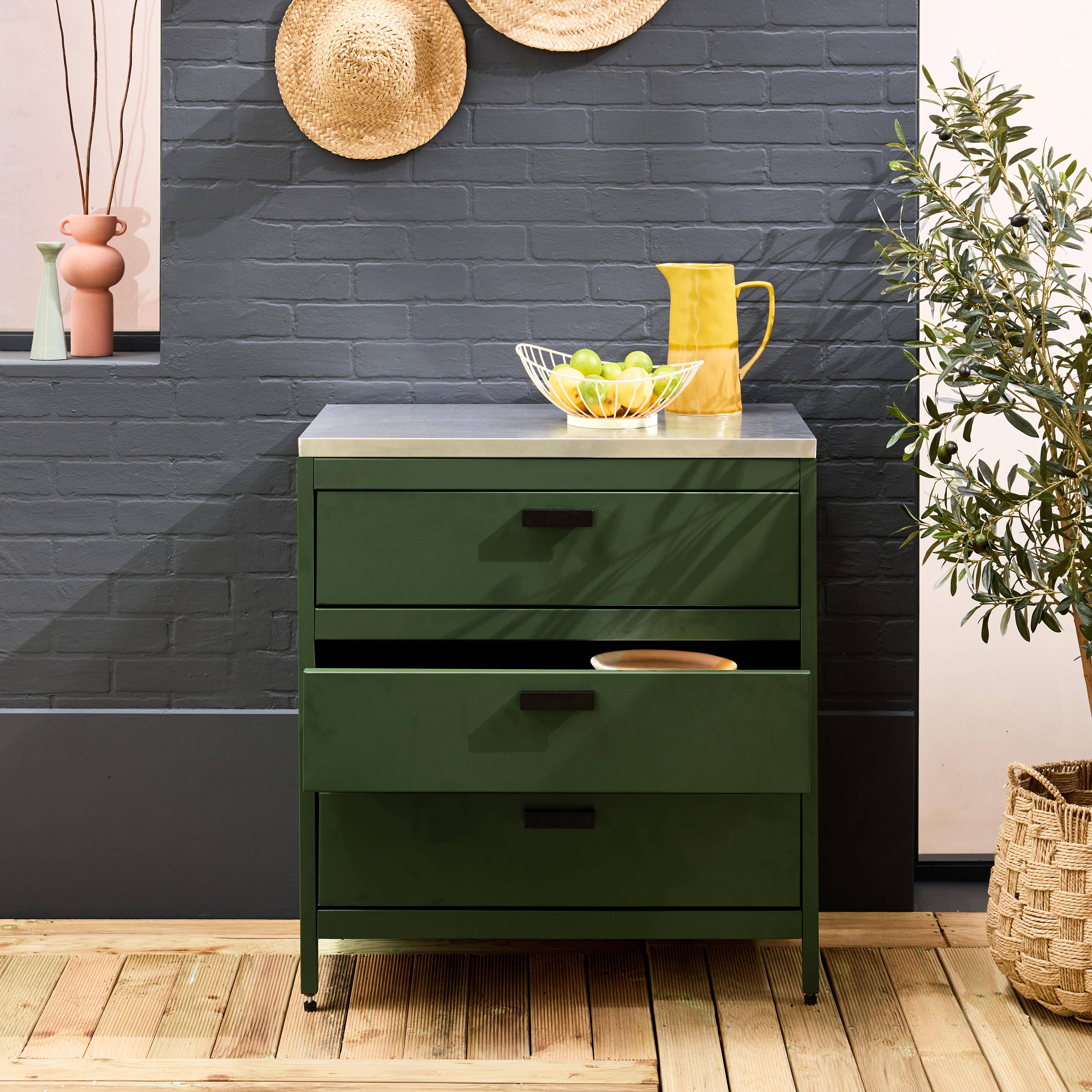 Buitenkeuken van groen staal met 3 lades L80cm Photo2
