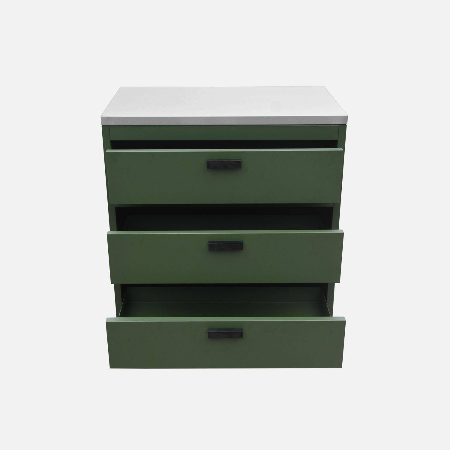 Buitenkeuken van groen staal met 3 lades L80cm Photo6