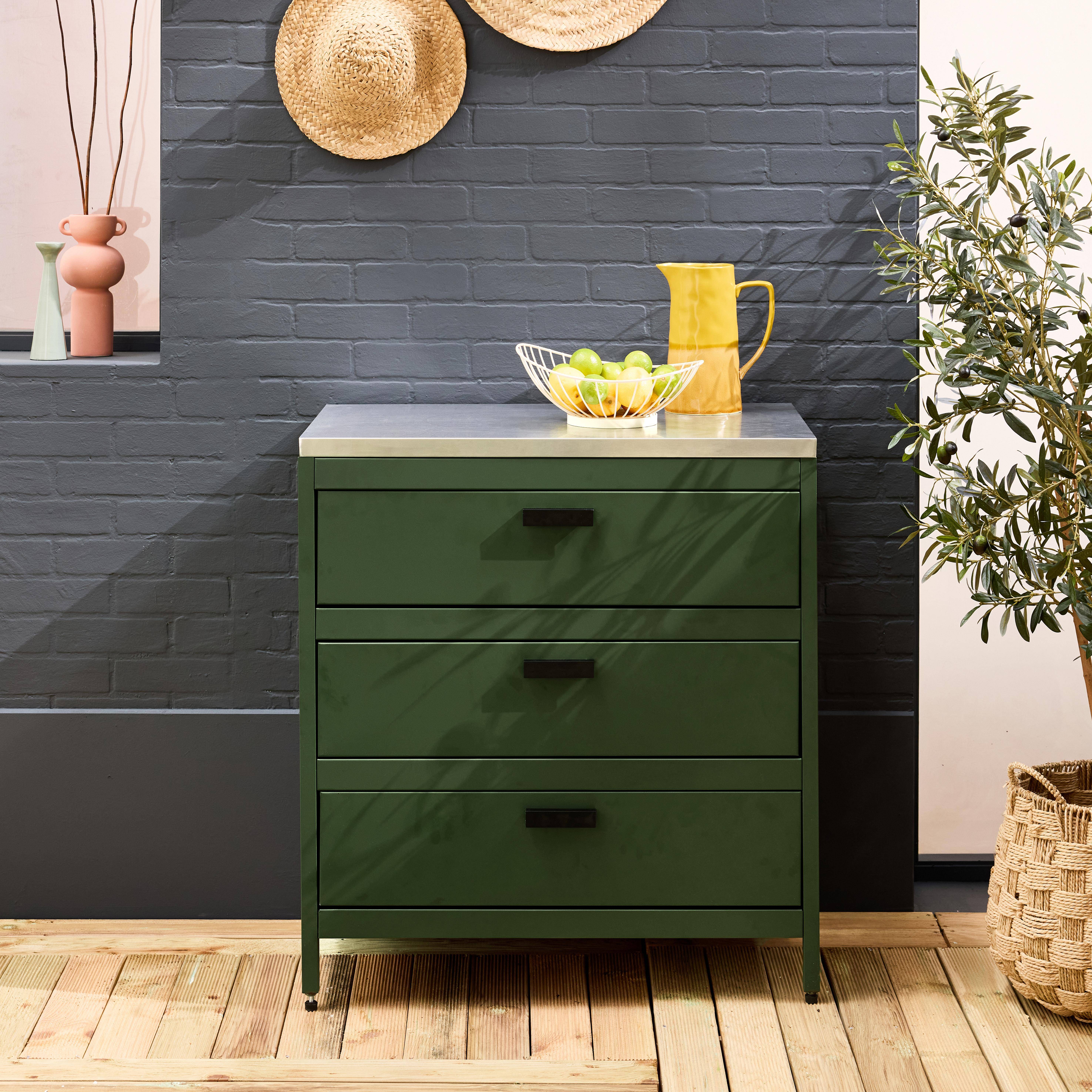 Buitenkeuken van groen staal met 3 lades L80cm Photo1