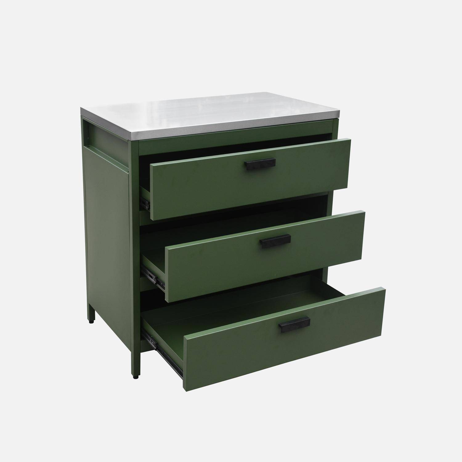 Buitenkeuken van groen staal met 3 lades L80cm Photo5