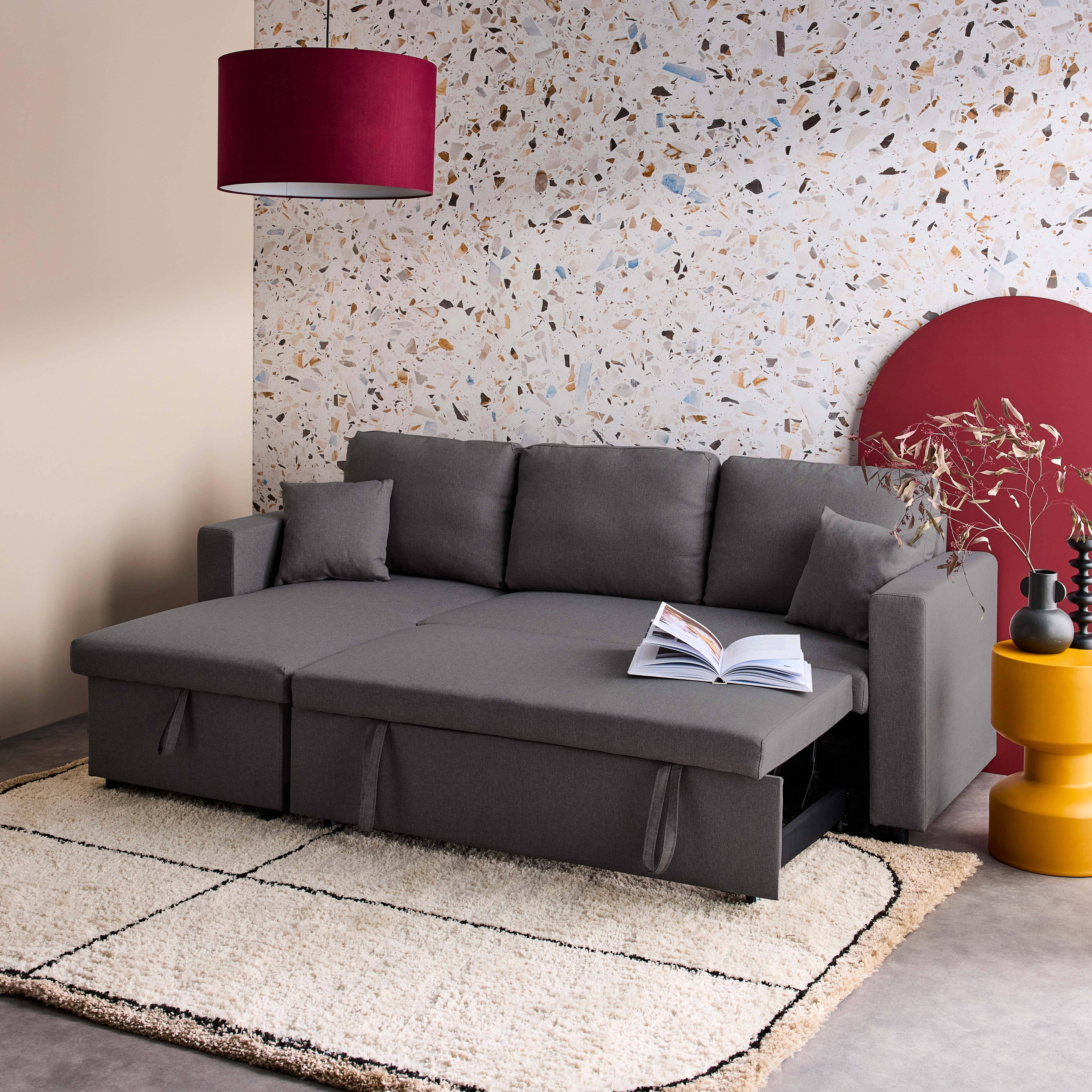 Canapé d'angle SMILE convertible réversible compact 3 places en tissu gris foncé, L 213,5 x P 136,5 x H 83cm, avec coffre de rangement Photo2
