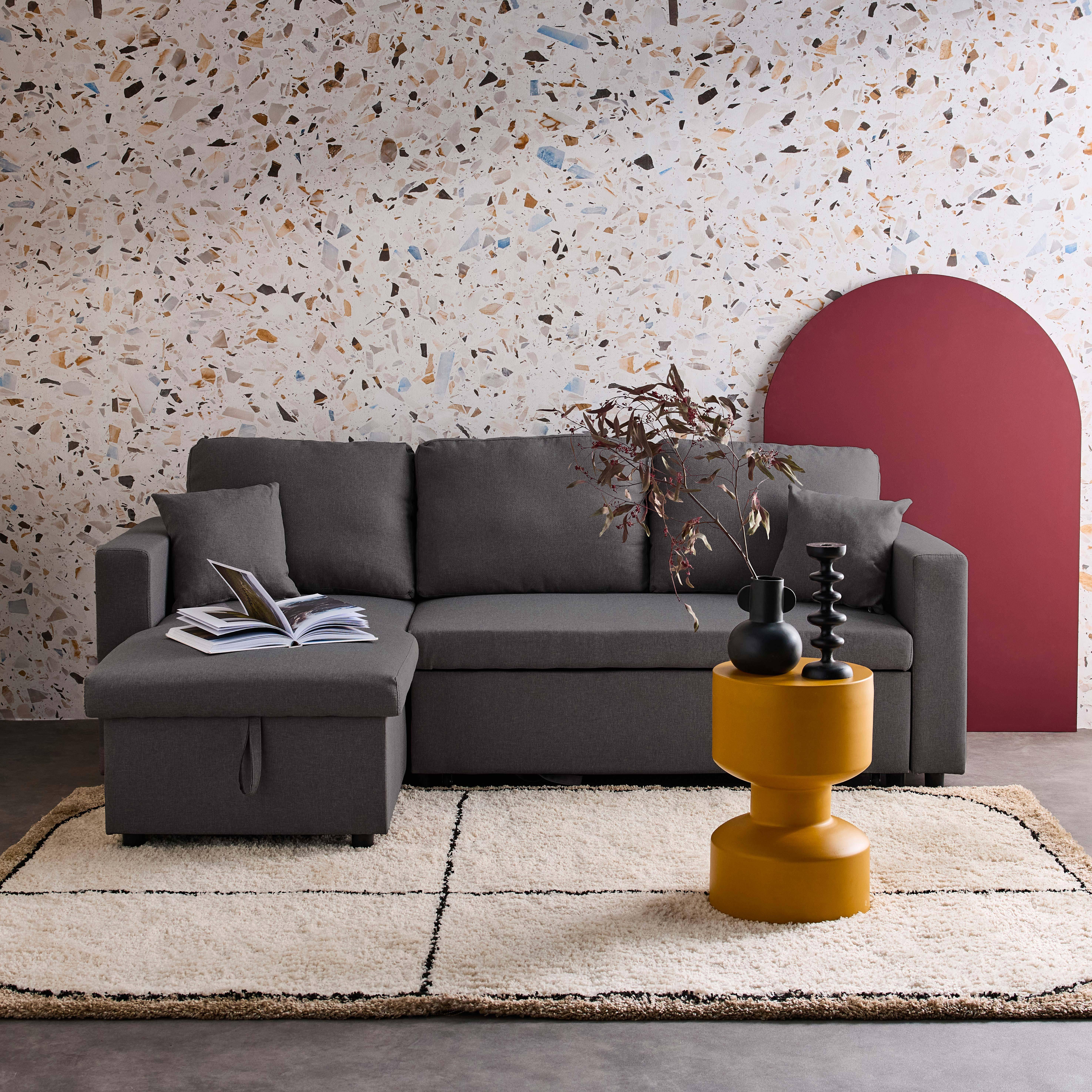 Canapé d'angle SMILE convertible réversible compact 3 places en tissu gris foncé, L 213,5 x P 136,5 x H 83cm, avec coffre de rangement Photo1