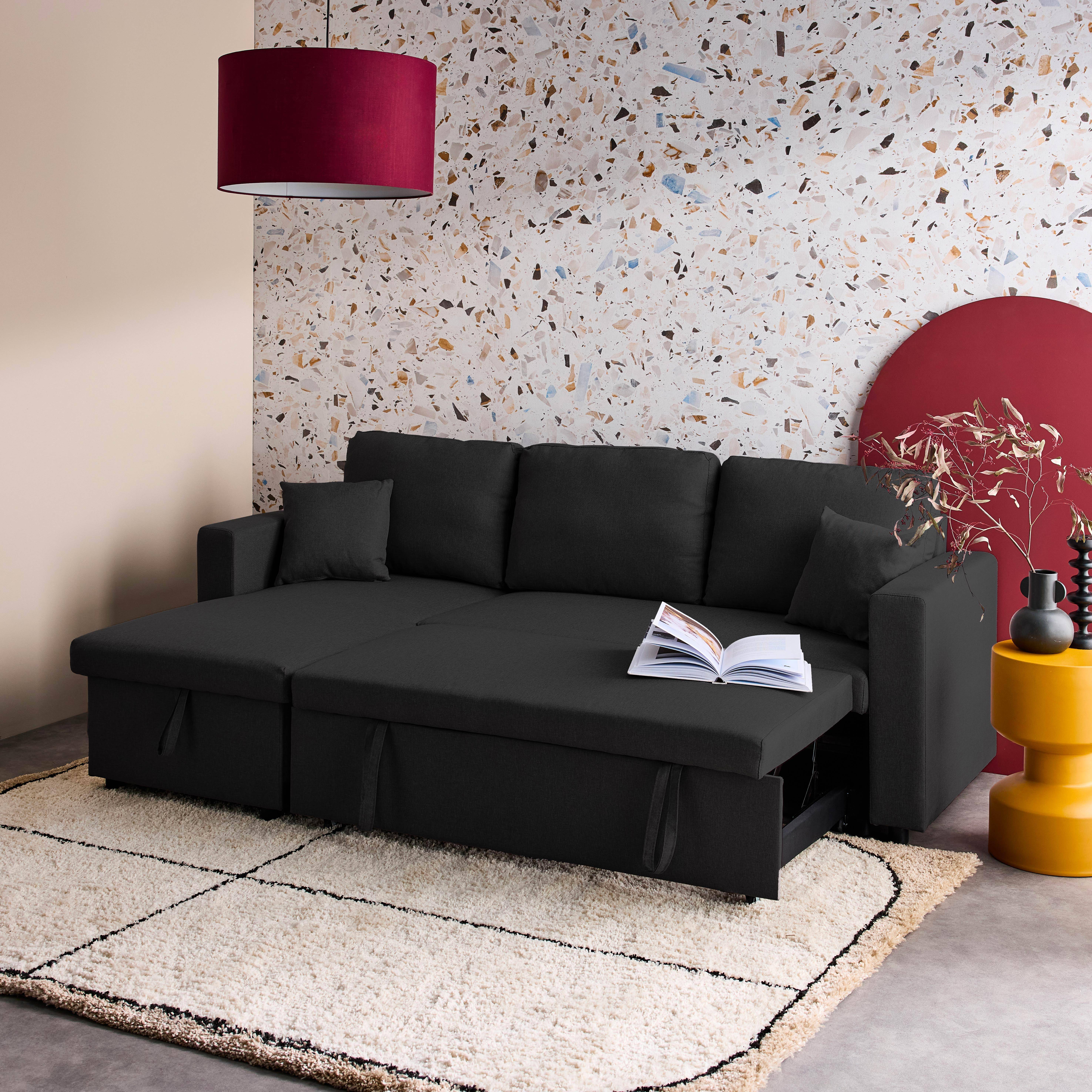 3-seater compact reversible corner sofa bed, Smile, Black, 213.5x136.5x83 cm,sweeek,Photo2
