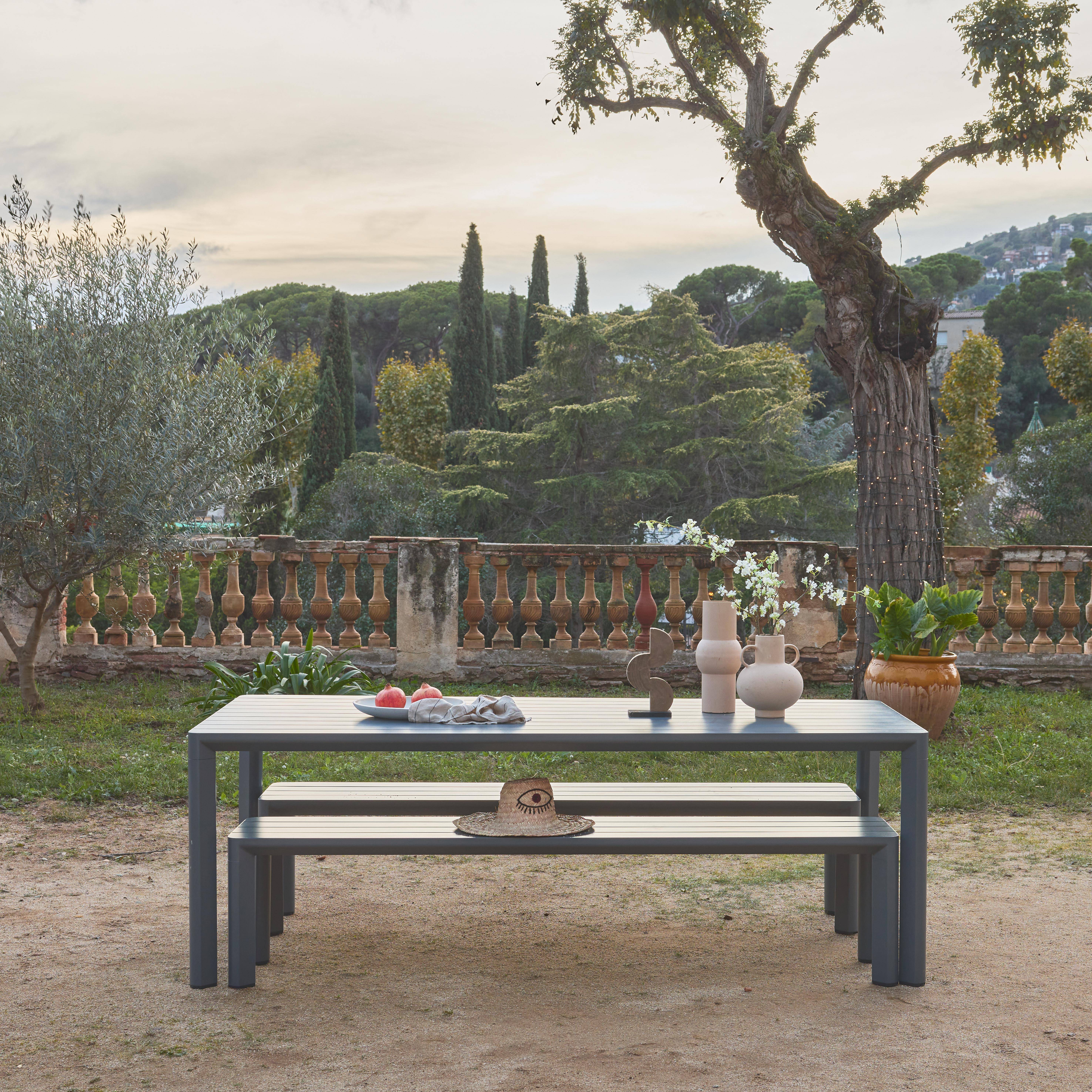 Table de jardin aluminium et 2 bancs anthracite, 8 places, 200 x 40 x 45 cm Photo2