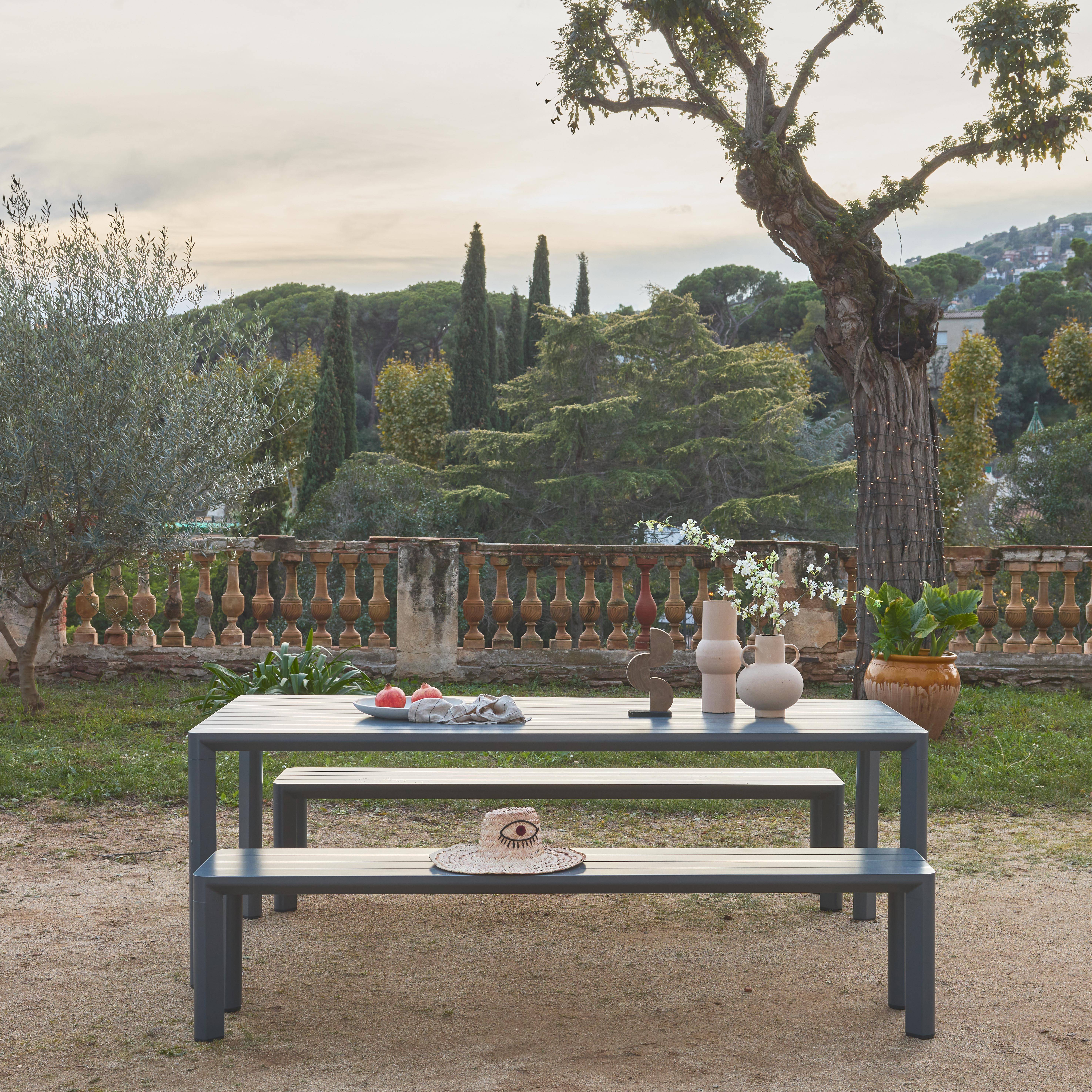 Table de jardin aluminium et 2 bancs anthracite, 8 places, 200 x 40 x 45 cm Photo1