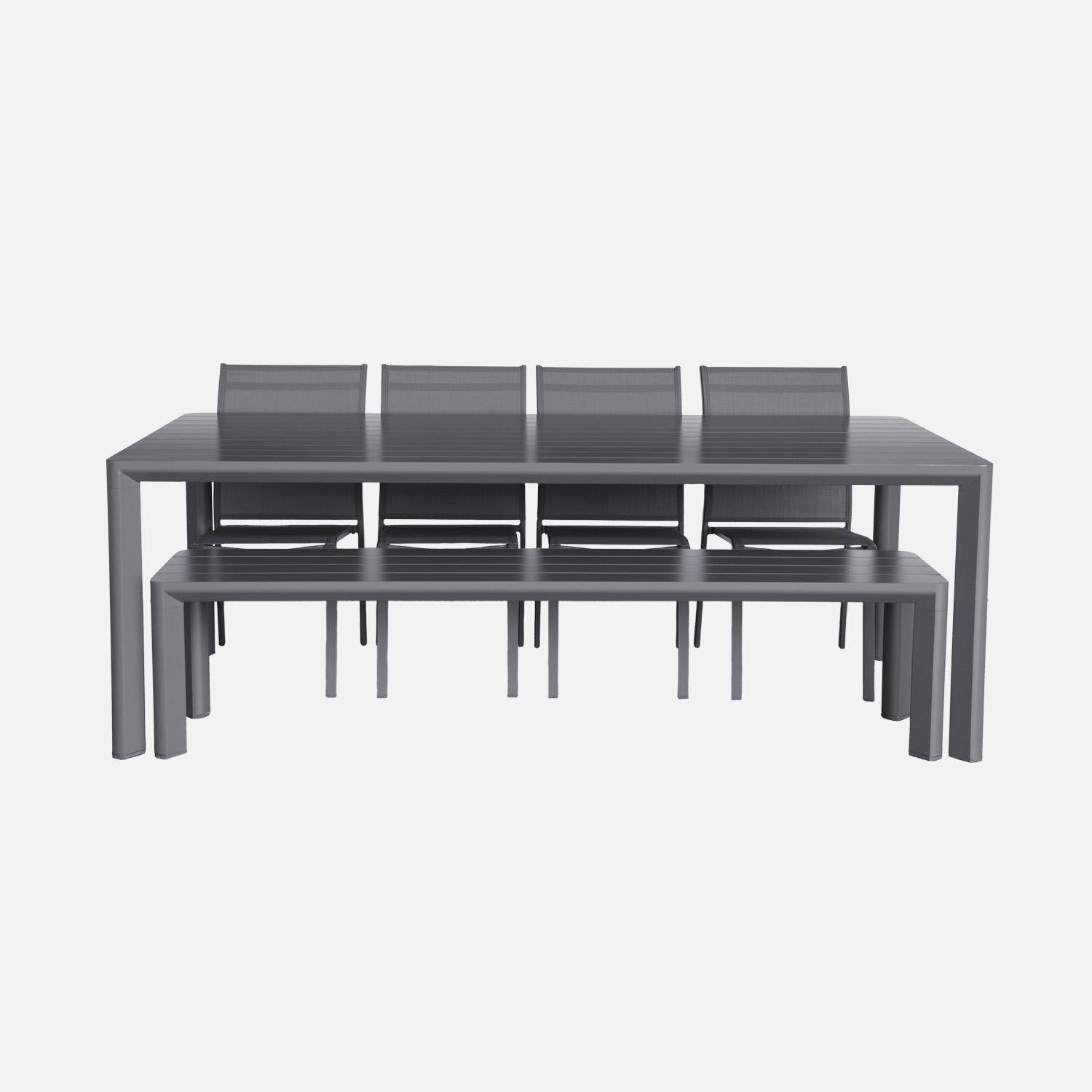 Table de jardin, 1 banc et 4 chaises aluminium et textilène anthracite, 220 x 100 x 75 cm Photo2