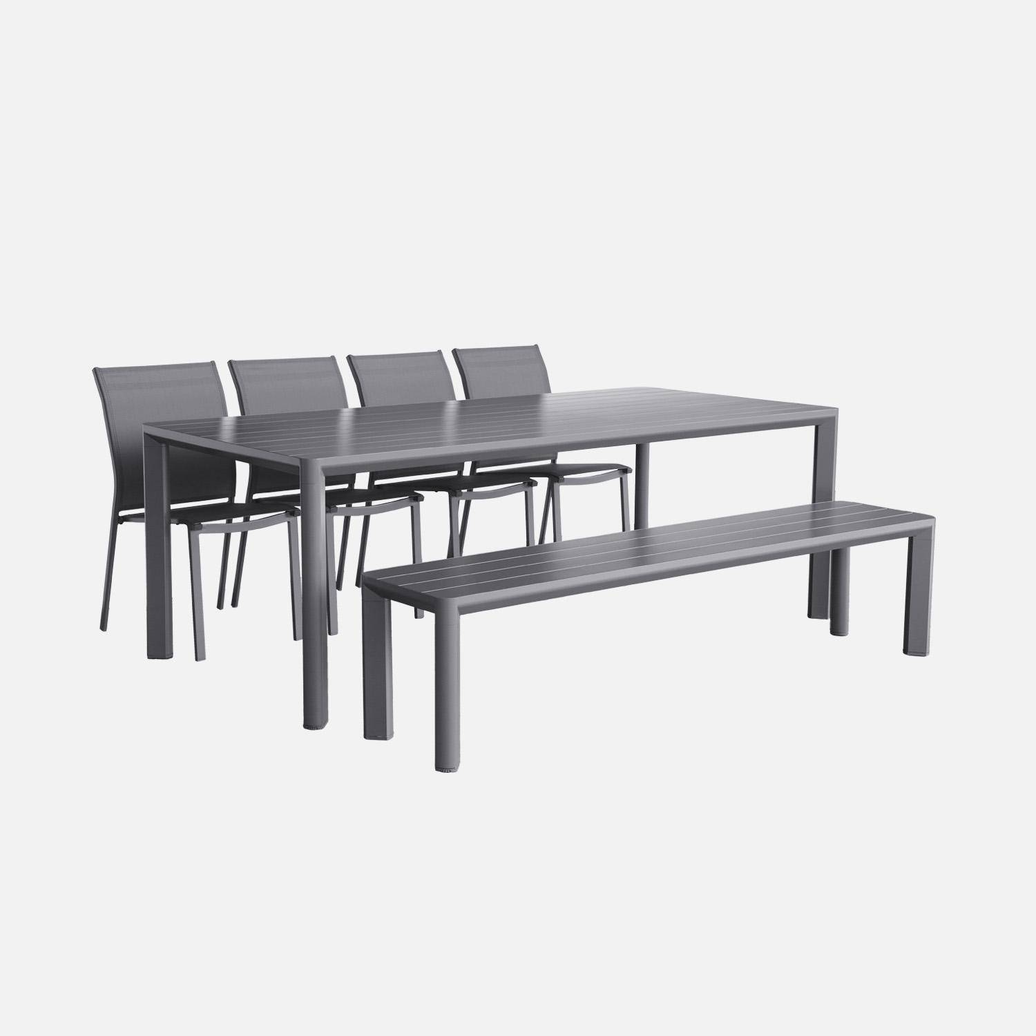 Table de jardin, 1 banc et 4 chaises aluminium et textilène anthracite, 220 x 100 x 75 cm Photo1