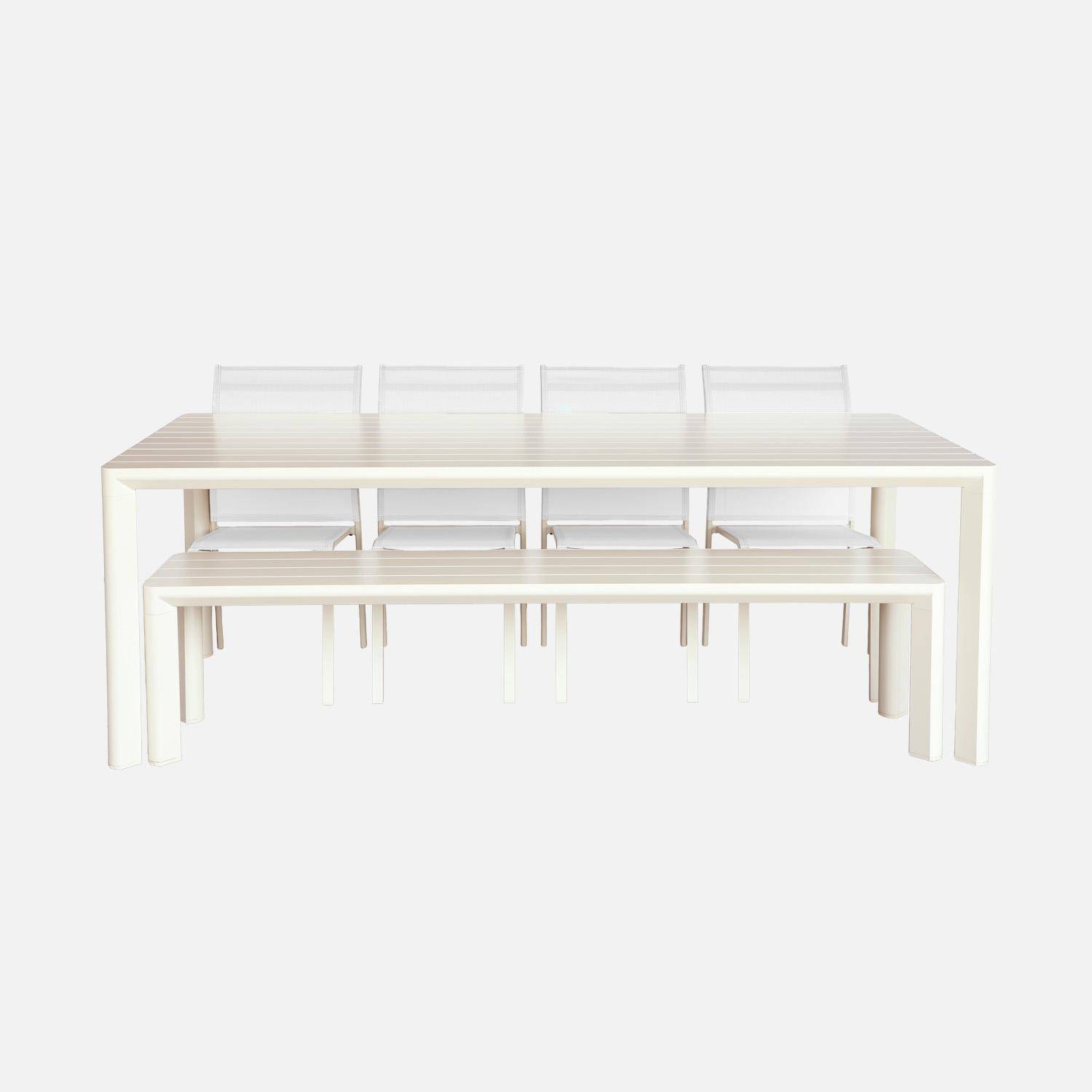 Table de jardin aluminium + 4 assises + 1 banc aluminium et textilène beige, 220 x 100 x 75 cm Photo2