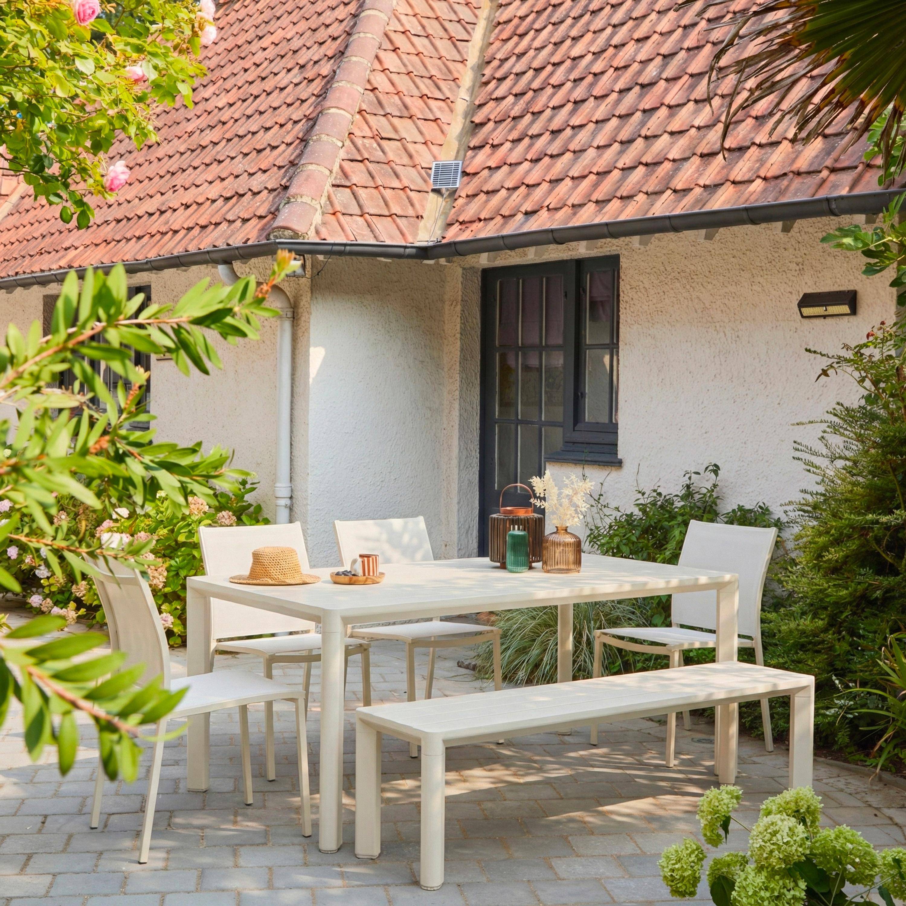 Mesa de jardín de aluminio,1 banco 4 sillas Beige - 220x100x78 cm,sweeek,Photo1