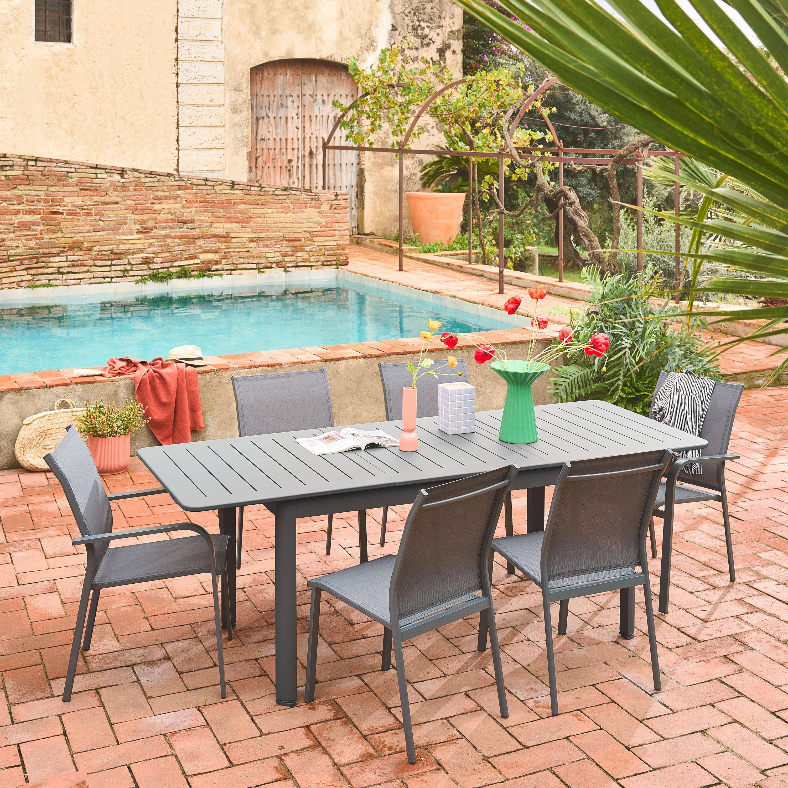 Table de jardin extensible aluminium et textilène anthracite, 4 chaises, 2 fauteuils, 6 places, textilène Photo1