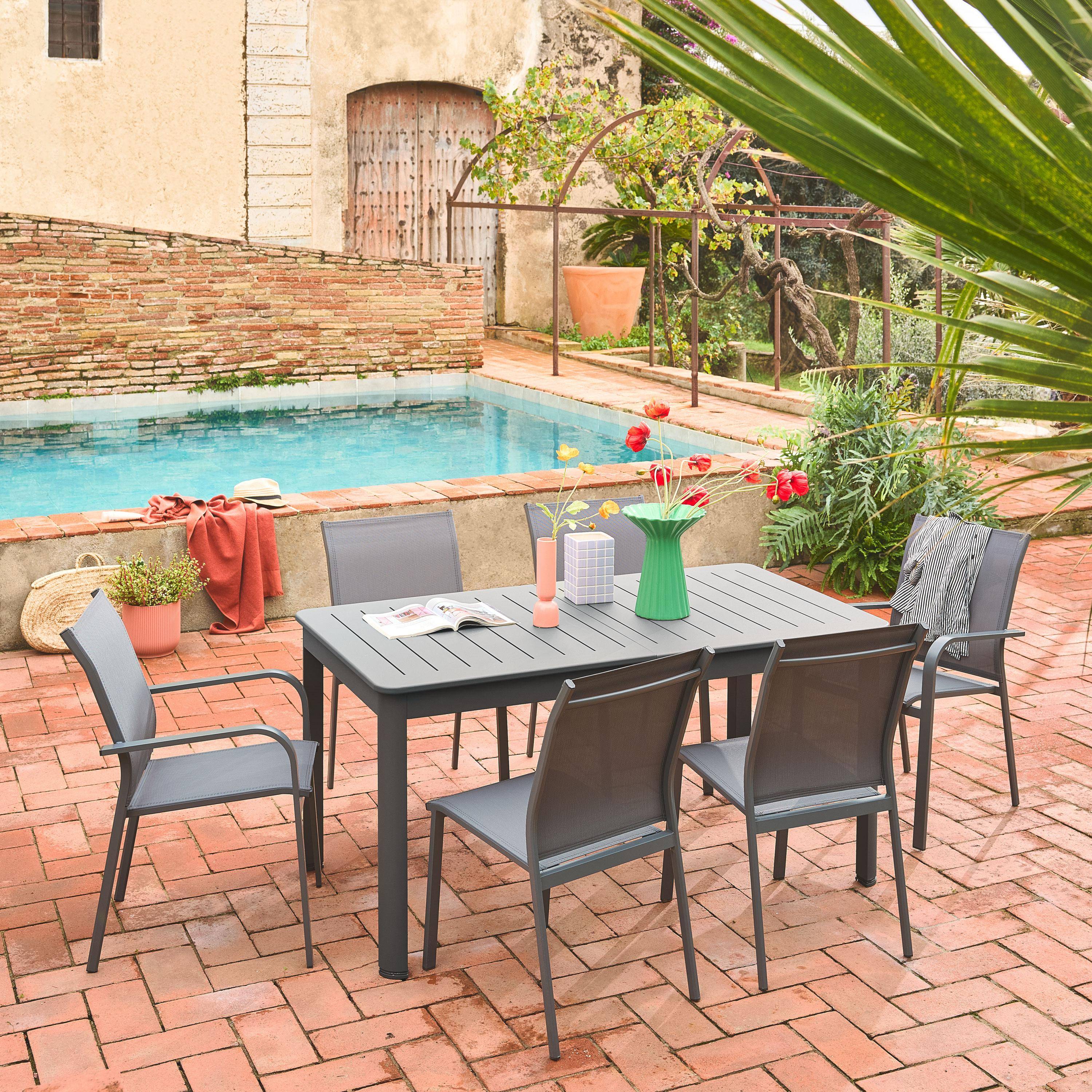 Table de jardin extensible aluminium et textilène anthracite, 4 chaises, 2 fauteuils, 6 places, textilène Photo2