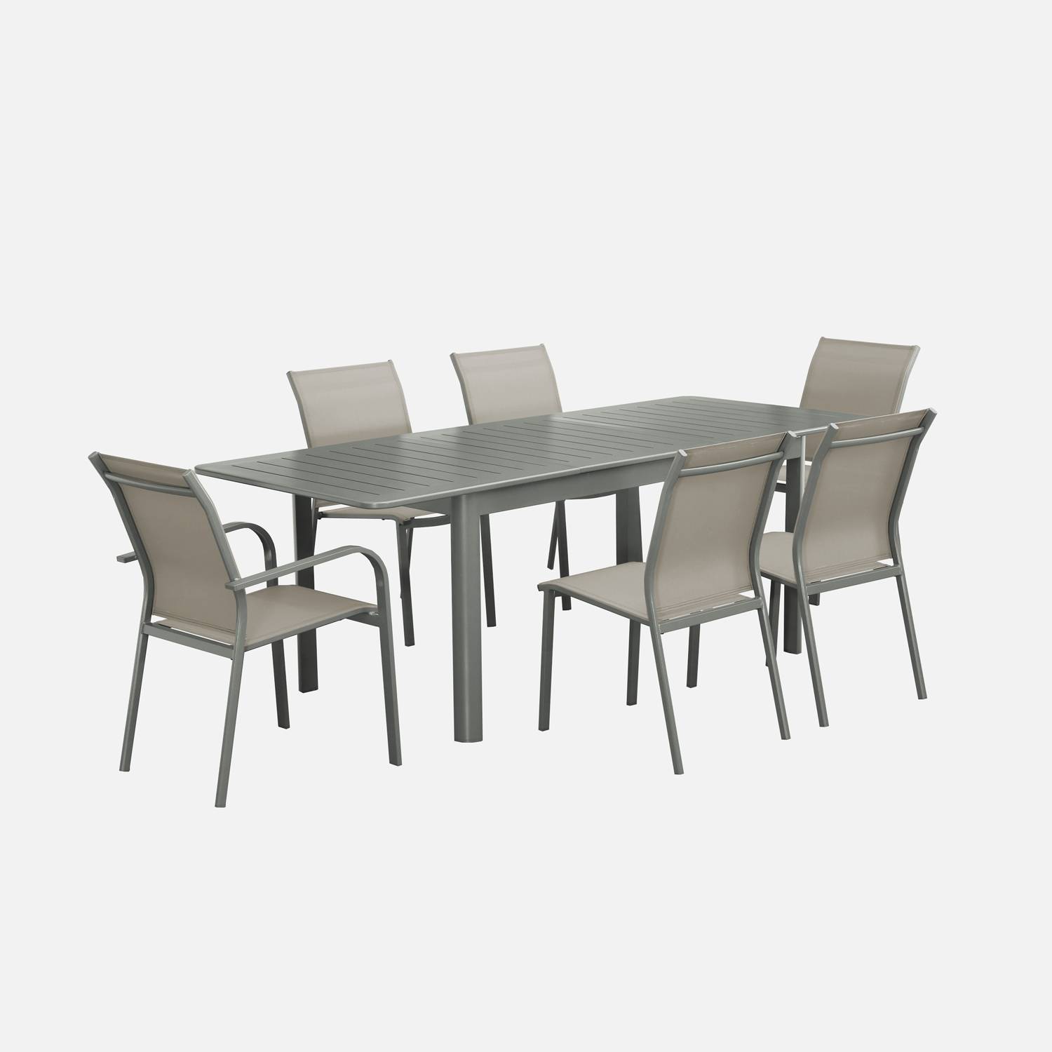 Table de jardin extensible aluminium et textilène kaki, 6 places