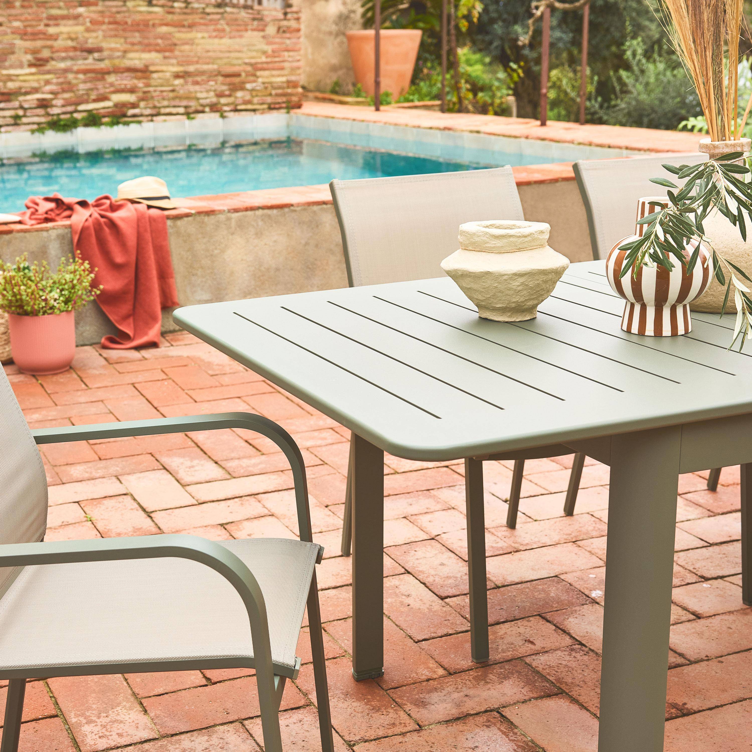 Table de jardin extensible aluminium + 6 assises kaki, 4 chaises, 2 fauteuils, 6 places, textilène Photo2