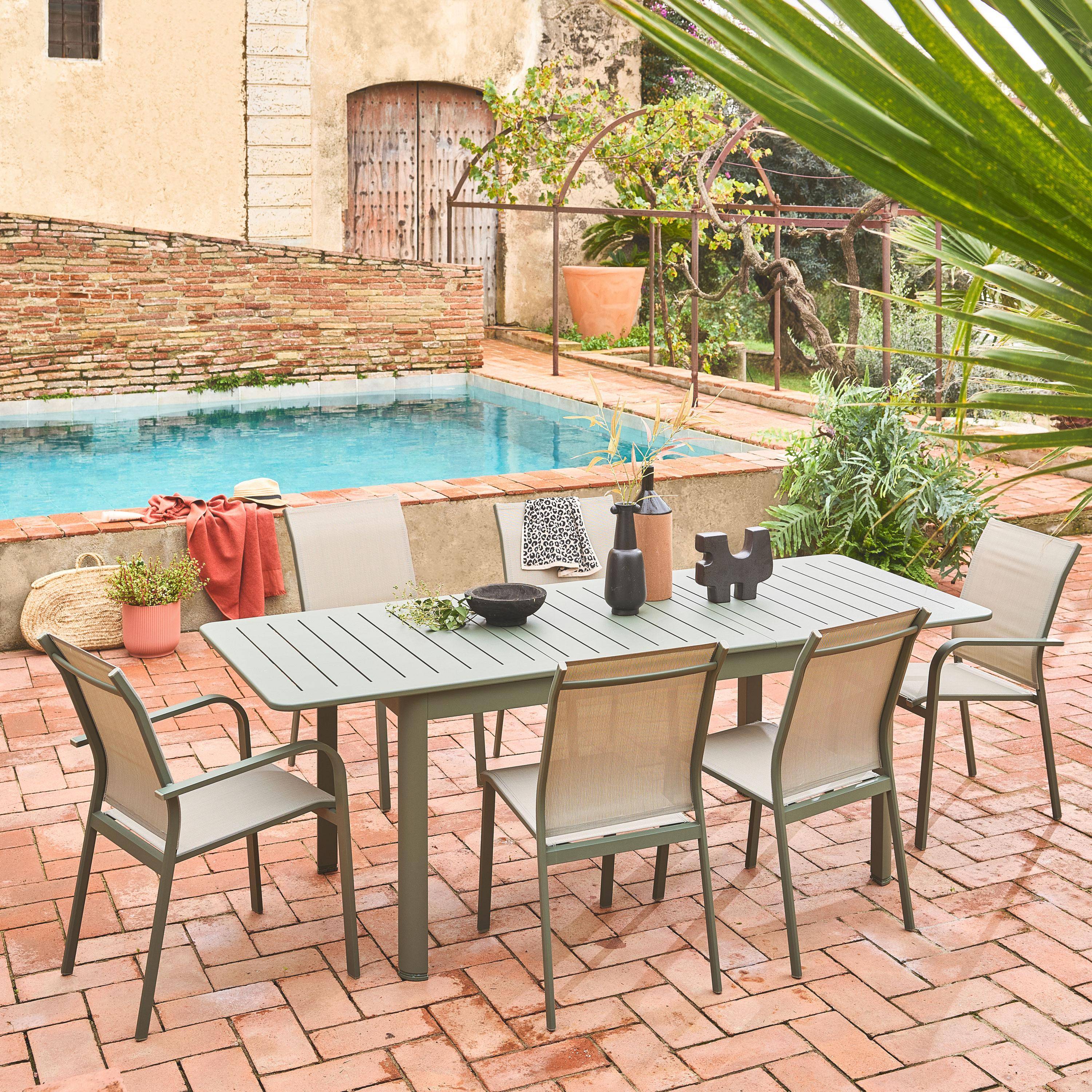 Table de jardin extensible aluminium + 6 assises kaki, 4 chaises, 2 fauteuils, 6 places, textilène Photo1