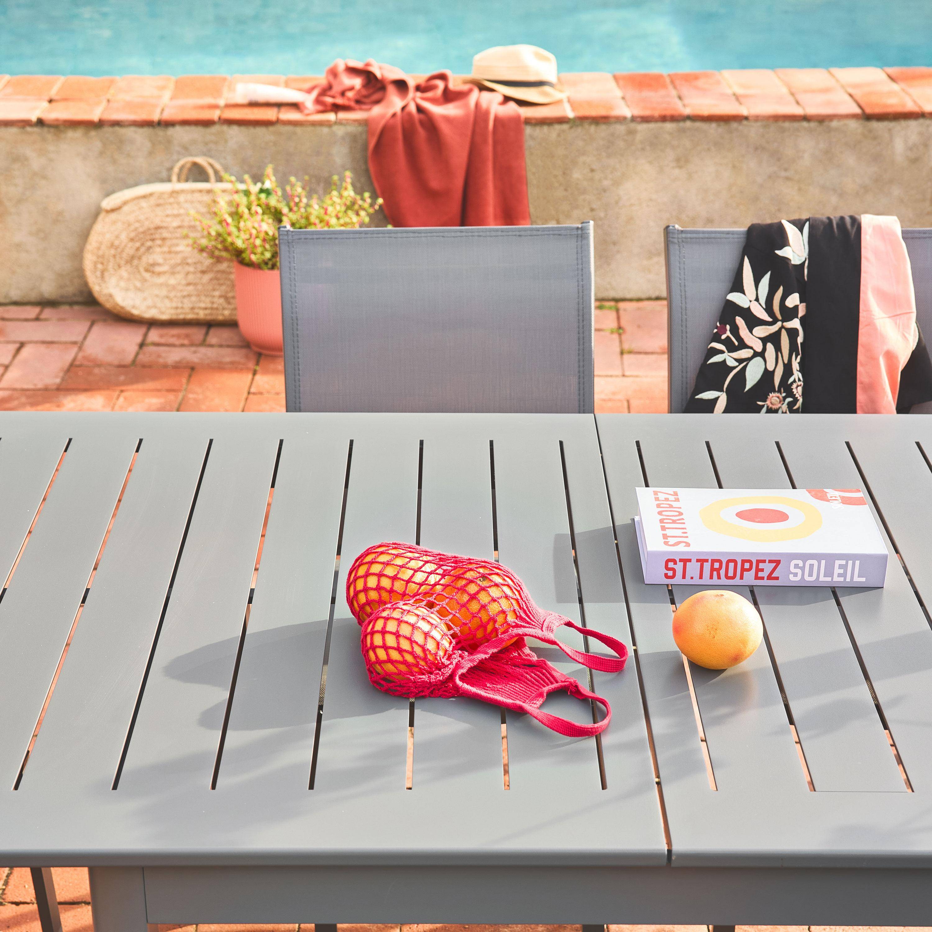 Table de jardin extensible aluminium et textilène anthracite, 6 chaises, 2 fauteuils, 8 places, 236,5 x 100 x 75 cm Photo2