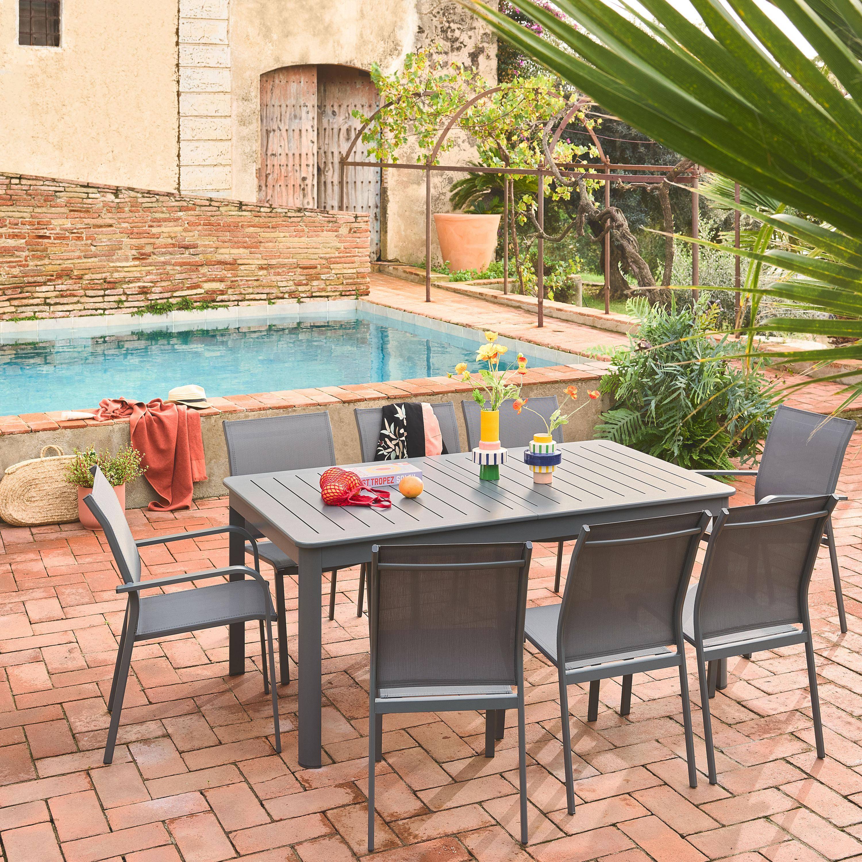 Table de jardin extensible aluminium et textilène anthracite, 6 chaises, 2 fauteuils, 8 places, 236,5 x 100 x 75 cm,sweeek,Photo3
