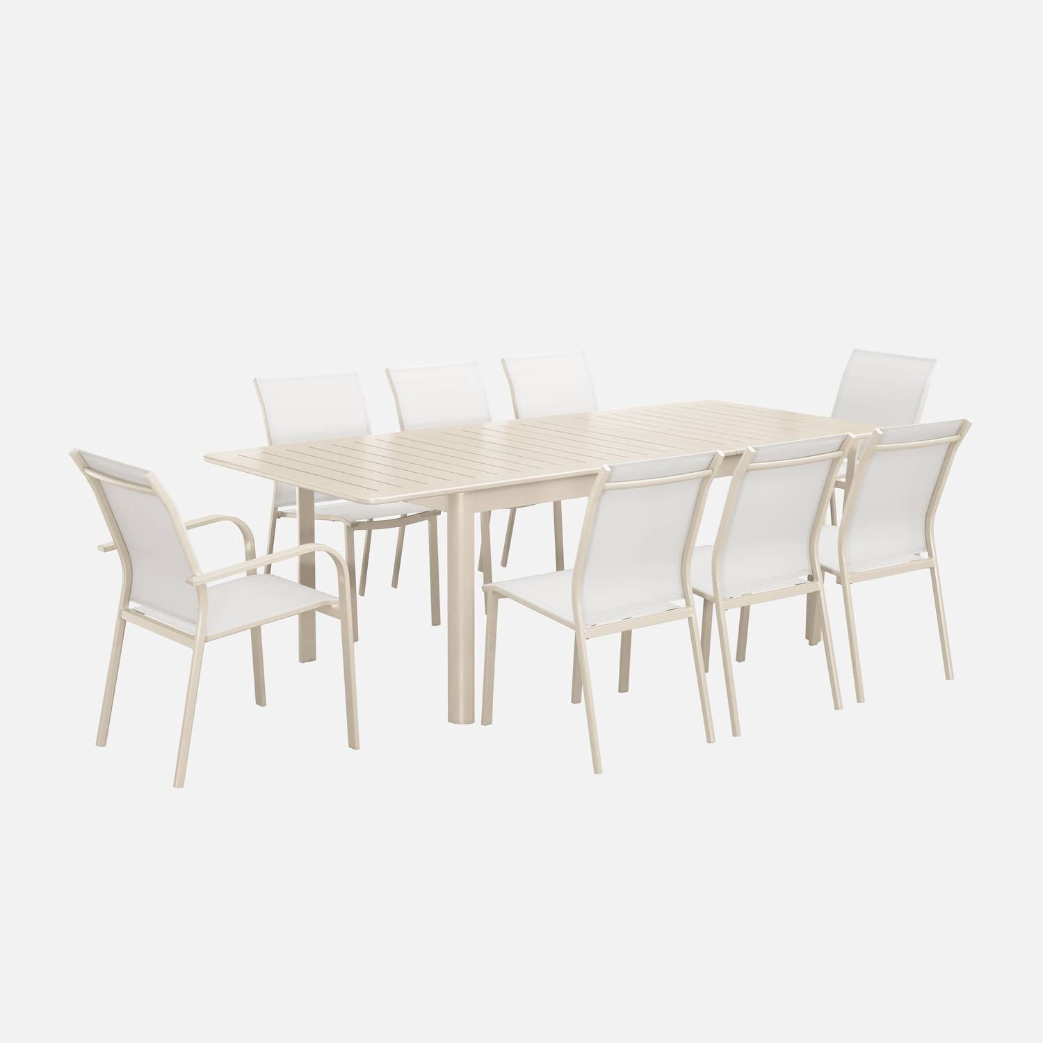 Uitschuifbare tuintafel van aluminium en beige textileen, 8 plaatsen