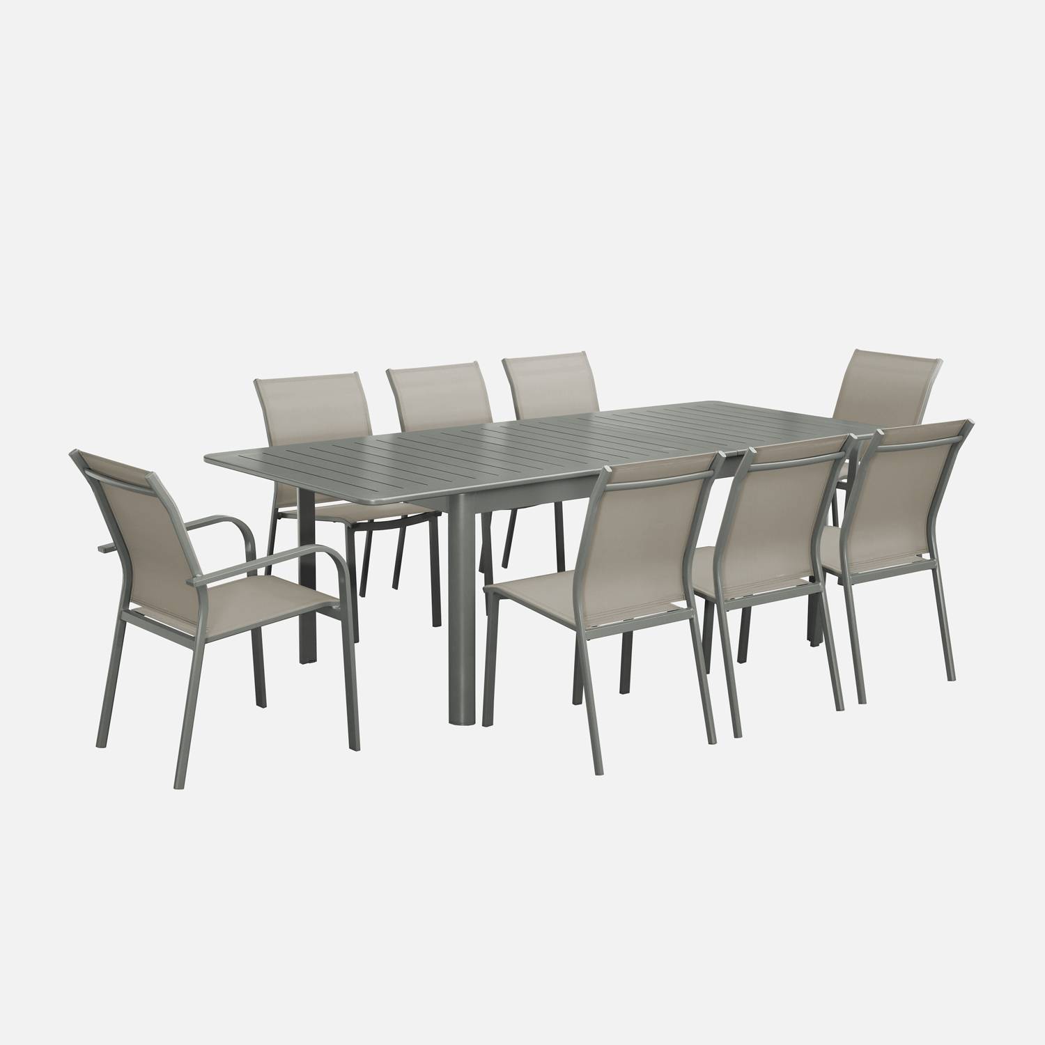 Uitschuifbare tuintafel van aluminium en kaki textileen, 8 plaatsen