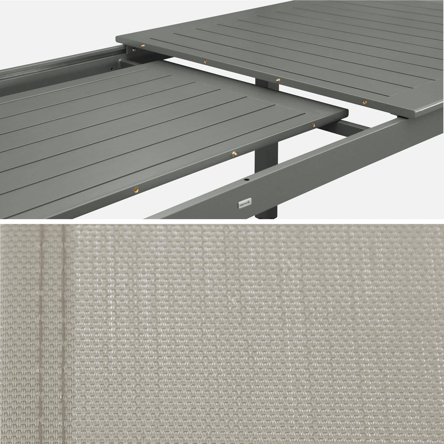 Uitschuifbare tuintafel van aluminium en kaki textileen, 8 stoelen, waarvan 2 met armleuning, 8 plaatsen, 236,5 x 100 x 75 cm Photo7