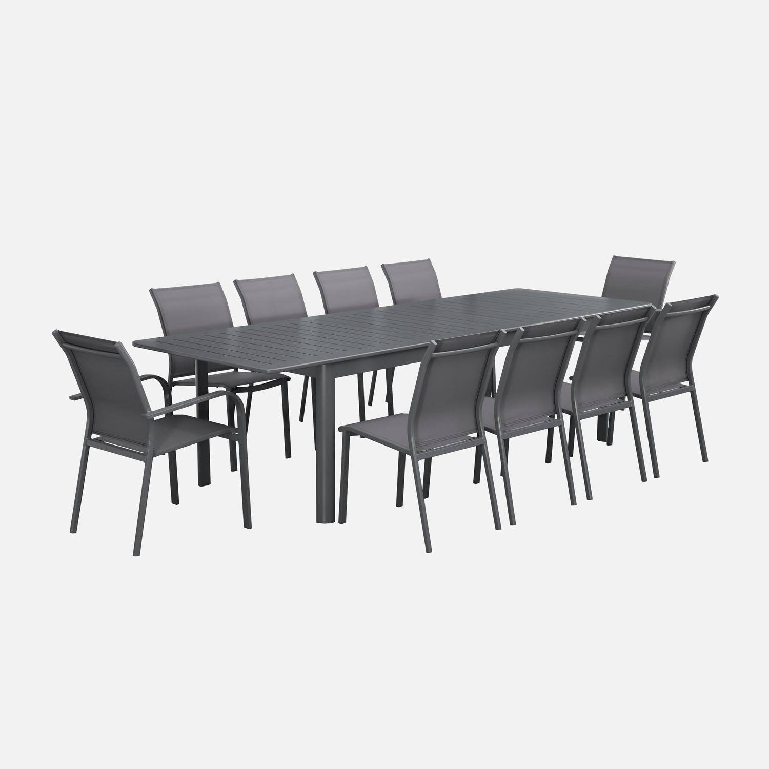 Table de jardin extensible aluminium et textilène anthracite, 8 chaises, 2 fauteuils, 10 places, 290 x 100 x 75 cm Photo4