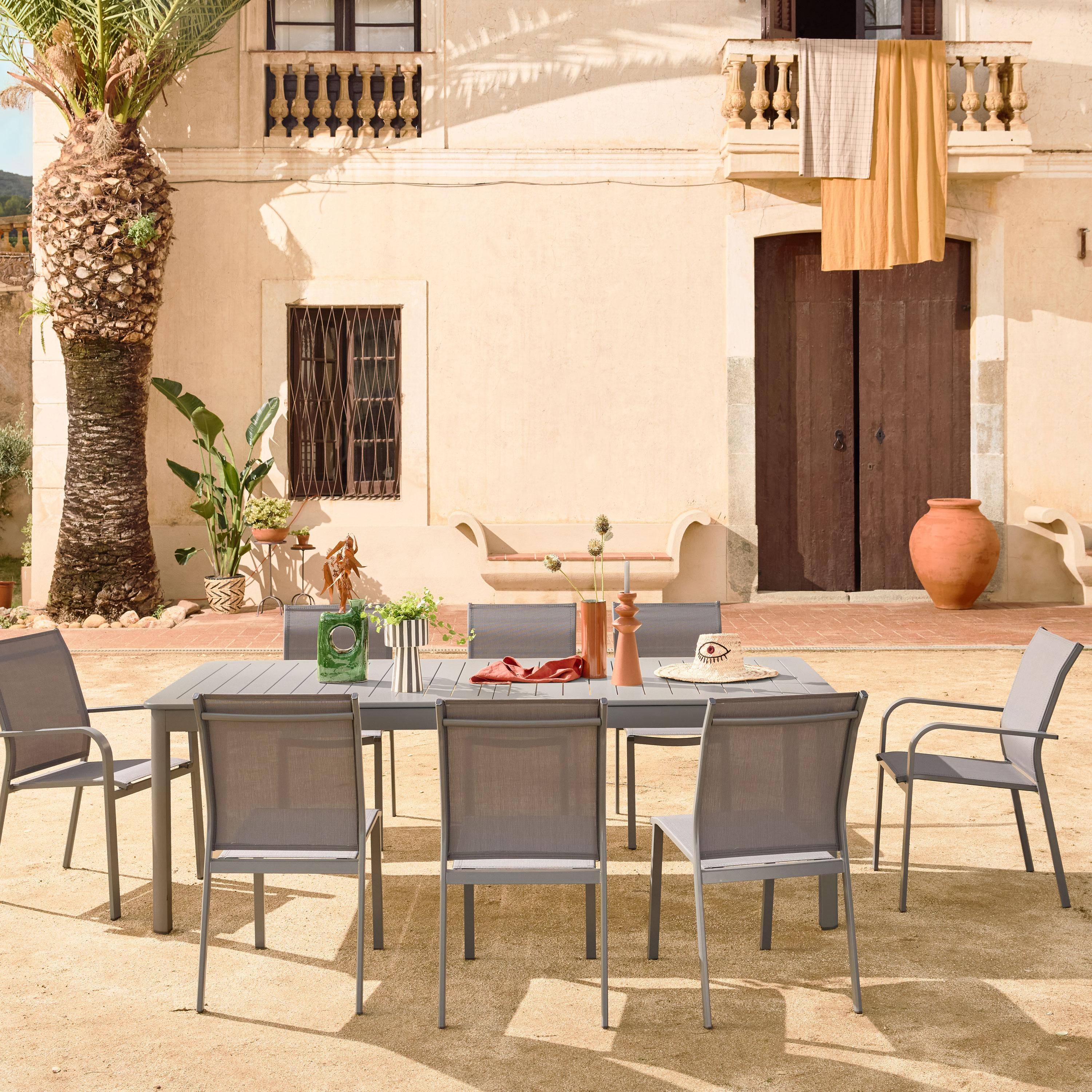 Table de jardin extensible aluminium et textilène anthracite, 8 chaises, 2 fauteuils, 10 places, 290 x 100 x 75 cm Photo2