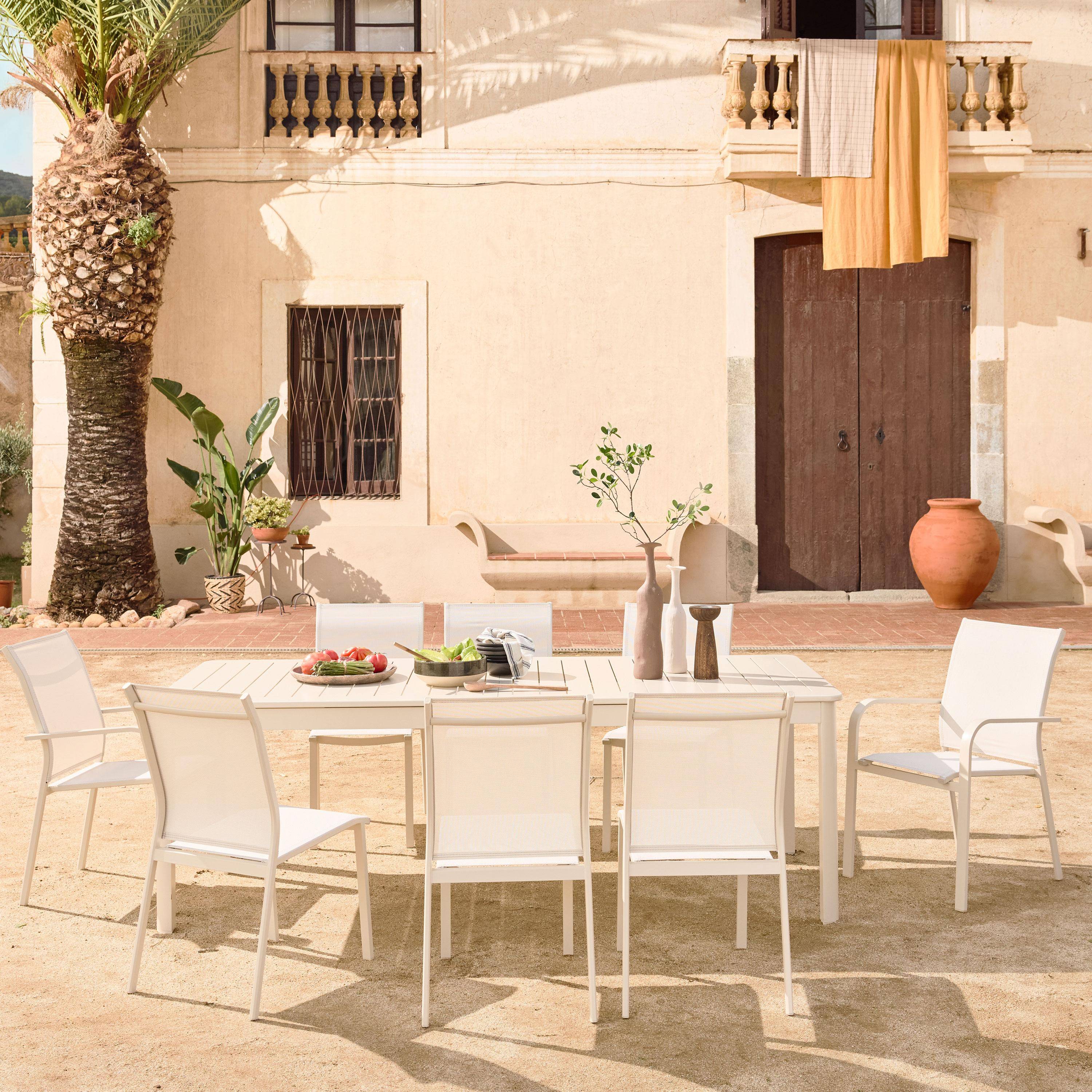 Table de jardin extensible aluminium + 10 assises aluminium et textilène beige, 8 chaises, 2 fauteuils, 10 places, 290 x 100 x 75 cm,sweeek,Photo2