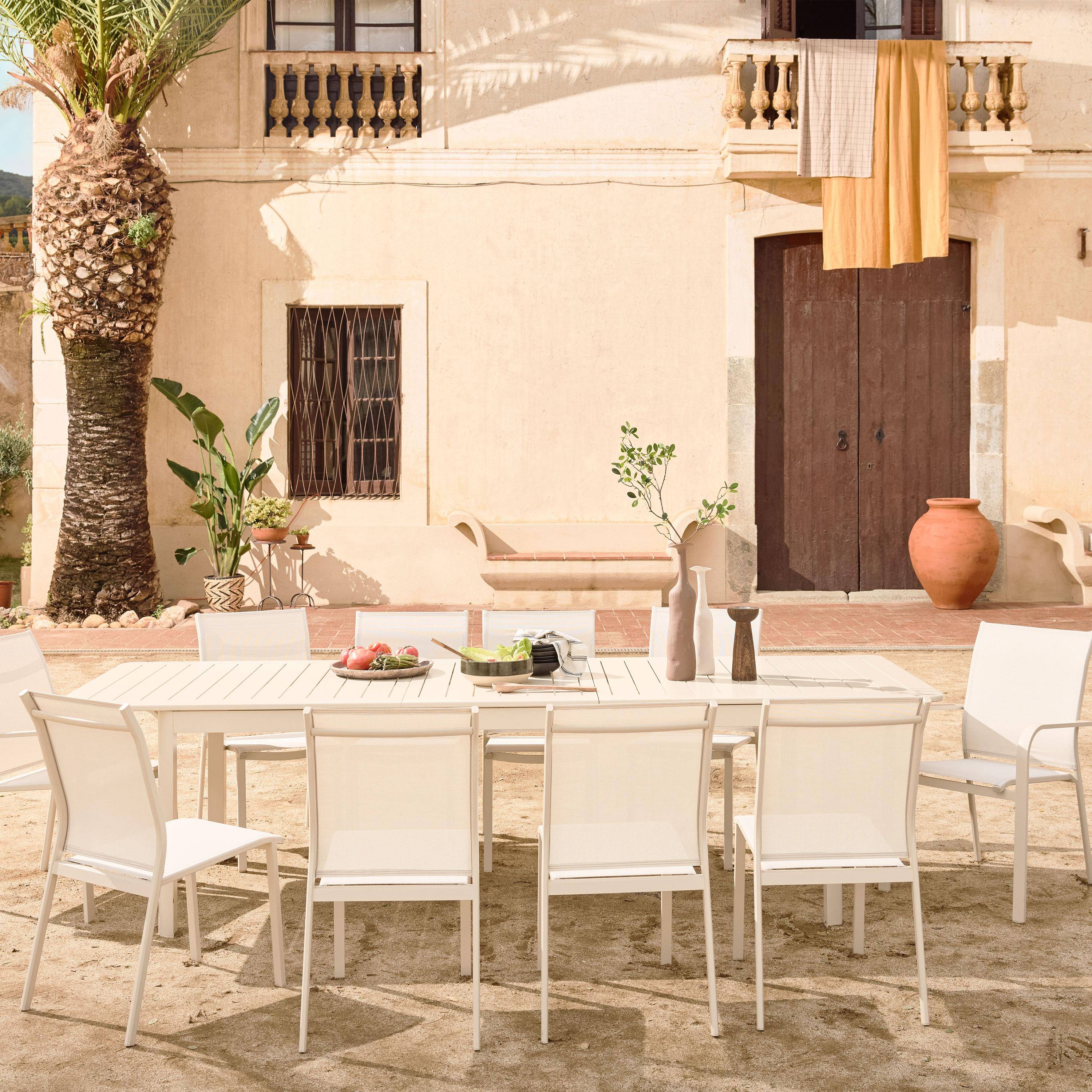 Table de jardin extensible aluminium + 10 assises aluminium et textilène beige, 8 chaises, 2 fauteuils, 10 places, 290 x 100 x 75 cm Photo1