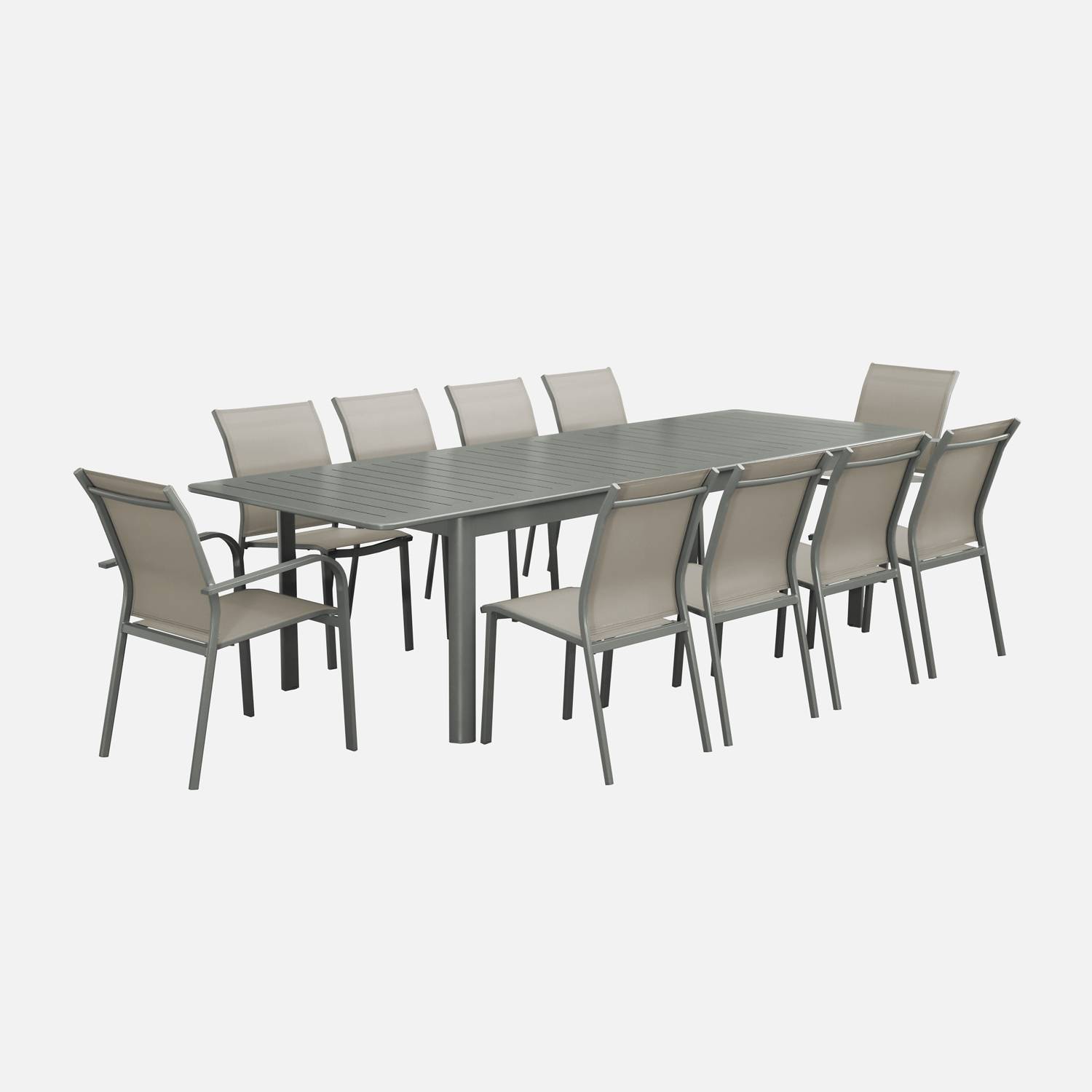 Table de jardin extensible aluminium et textilène kaki, 10 places