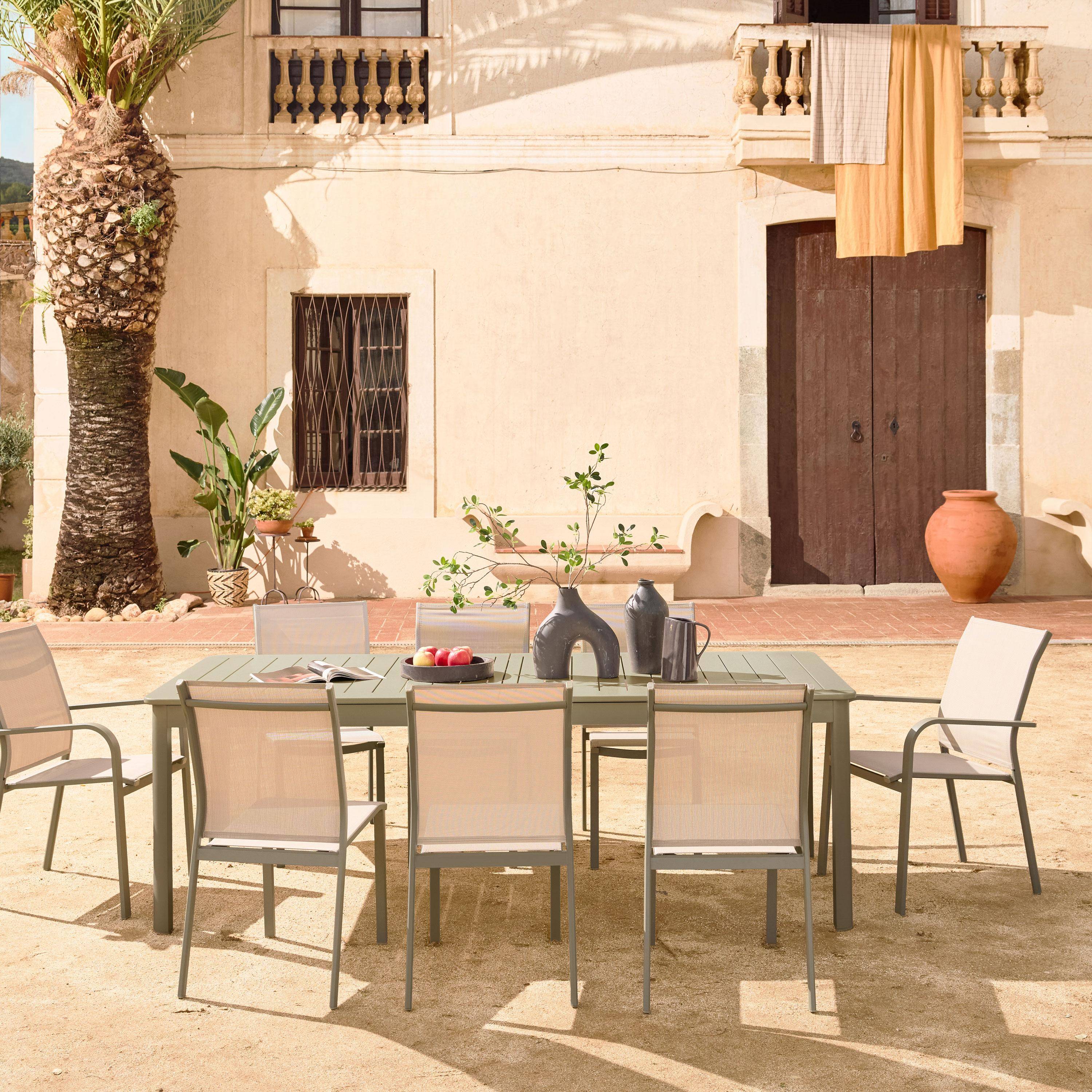 Table de jardin extensible aluminium + 10 assises aluminium et textilène kaki, 8 chaises, 2 fauteuils, 10 places, 290 x 100 x 75 cm Photo3