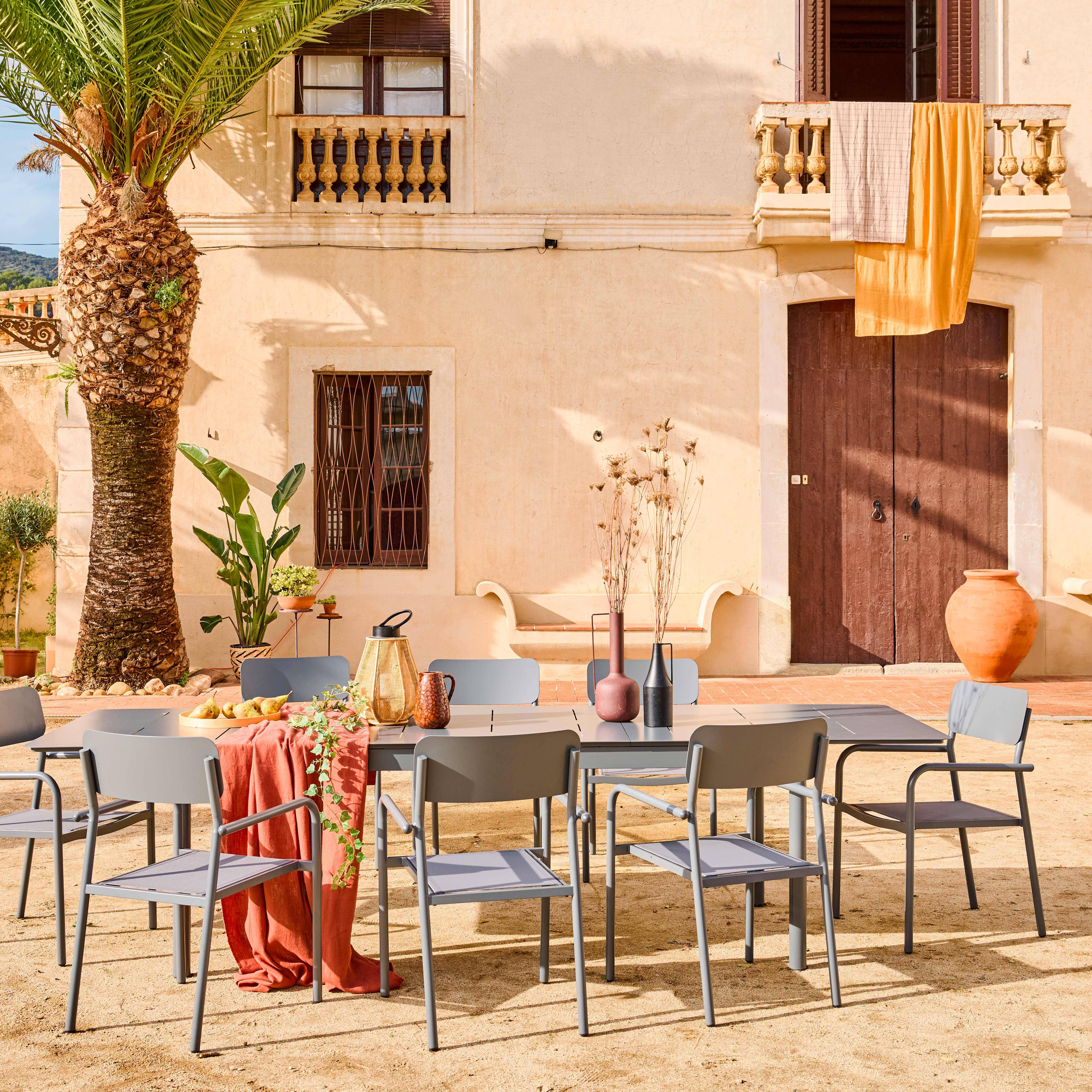 Table de jardin extensible aluminium anthracite, 8 fauteuils textilène, 210/300 x 100 x 75,5 cm Photo1