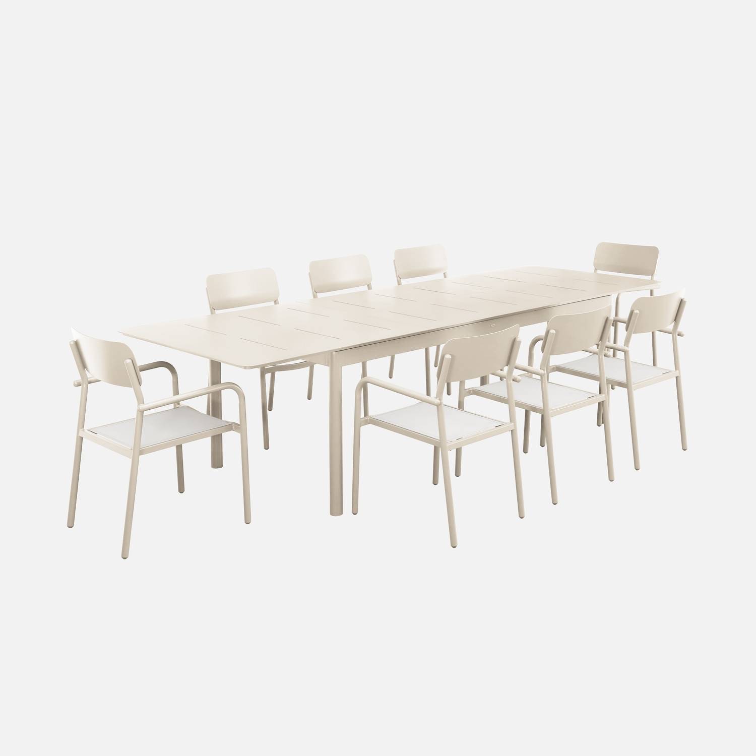 Ausziehbarer Gartentisch aus Aluminium mit 8 Stühlen, beige