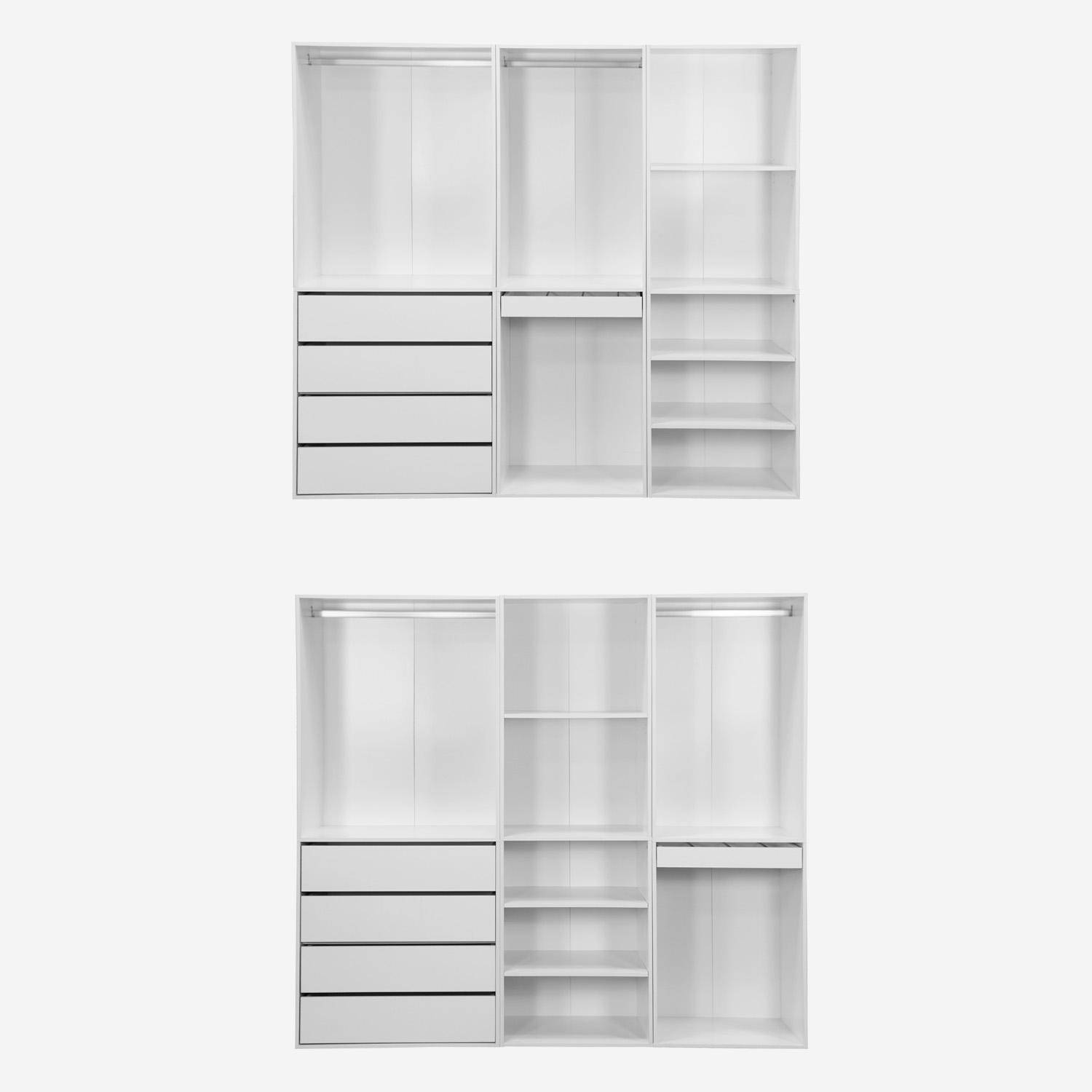 Kit dressing modulable avec 3 éléments, étagères, tiroirs, penderie, porte pantalons, coloris blanc 200 x 45 x 180 cm Photo4