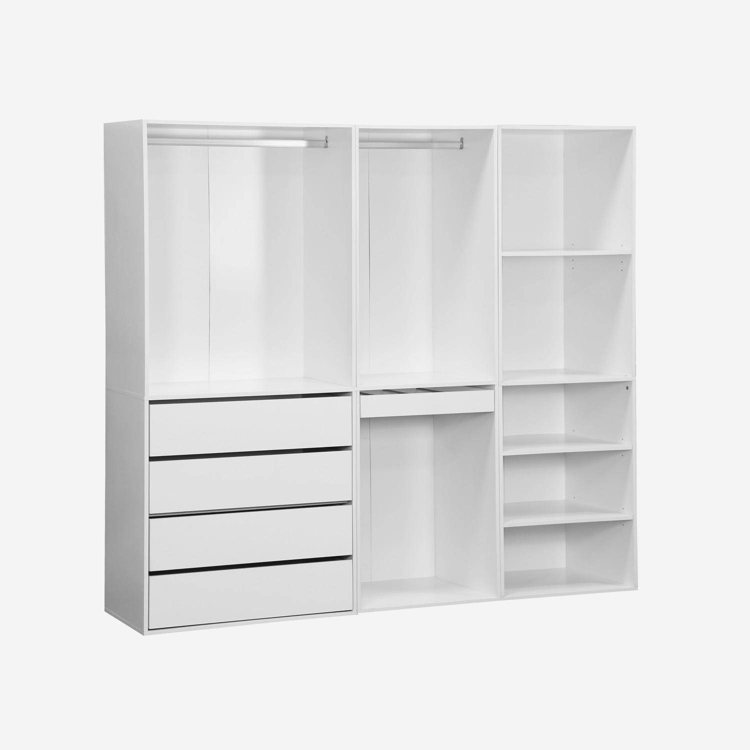 Kit dressing modulable avec 3 éléments, étagères, tiroirs, penderie, porte pantalons, coloris blanc 200 x 45 x 180 cm Photo2
